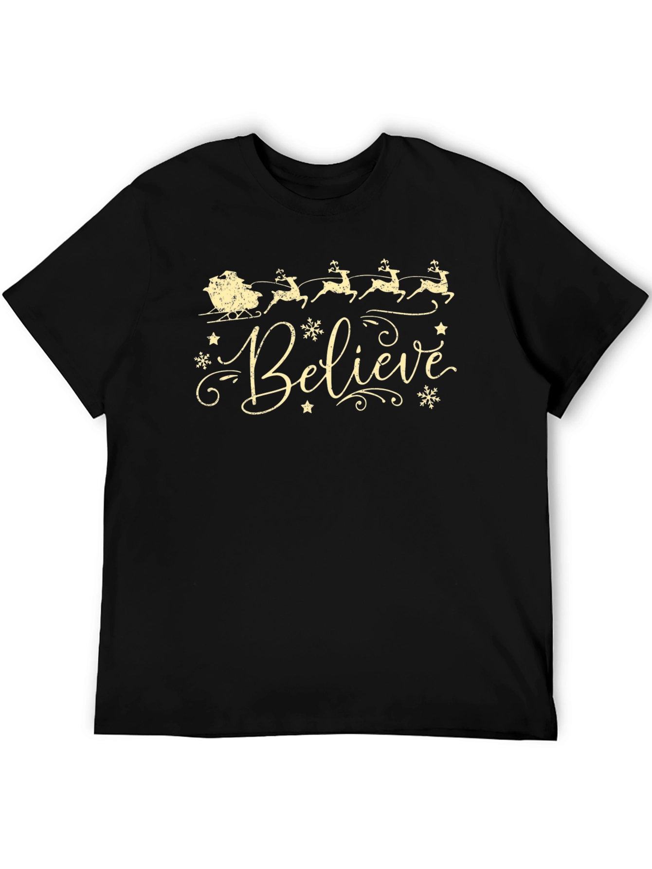 Believe Christmas T-Shirt Reindeer Santa Sleigh Holiday Tee