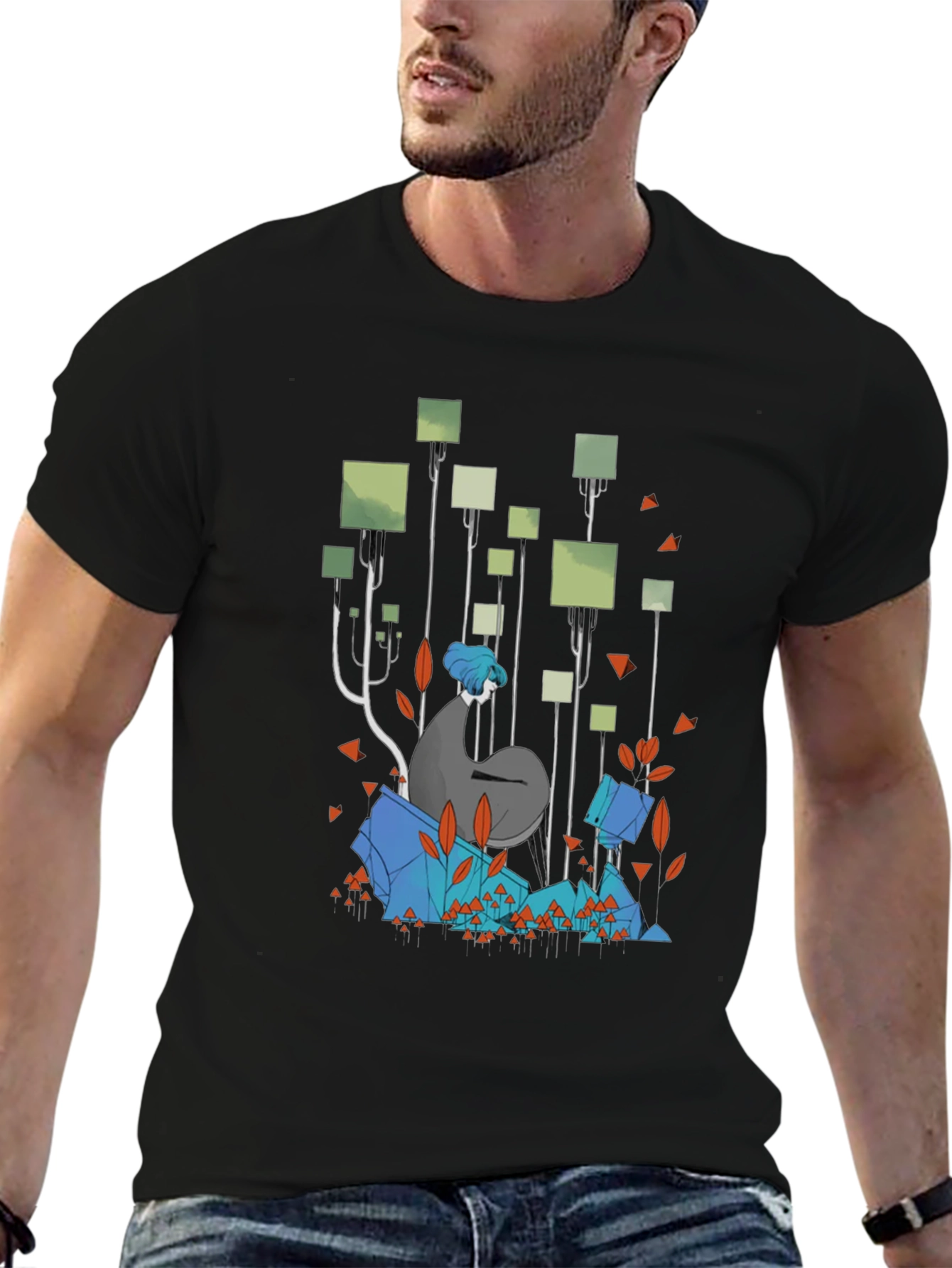 Abstract Geometric Forest Graphic Tee - Black