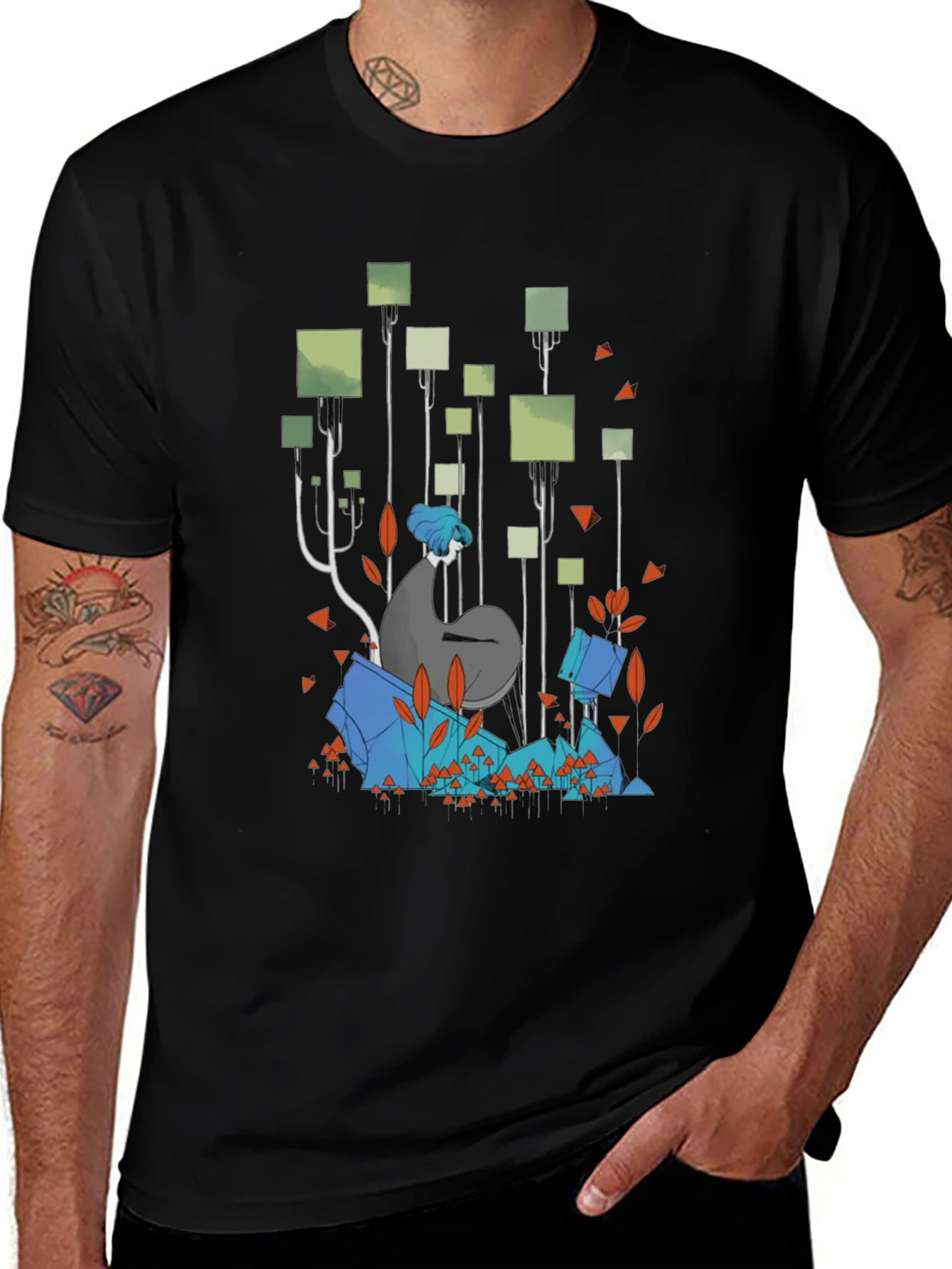 Abstract Geometric Forest Graphic Tee - Black