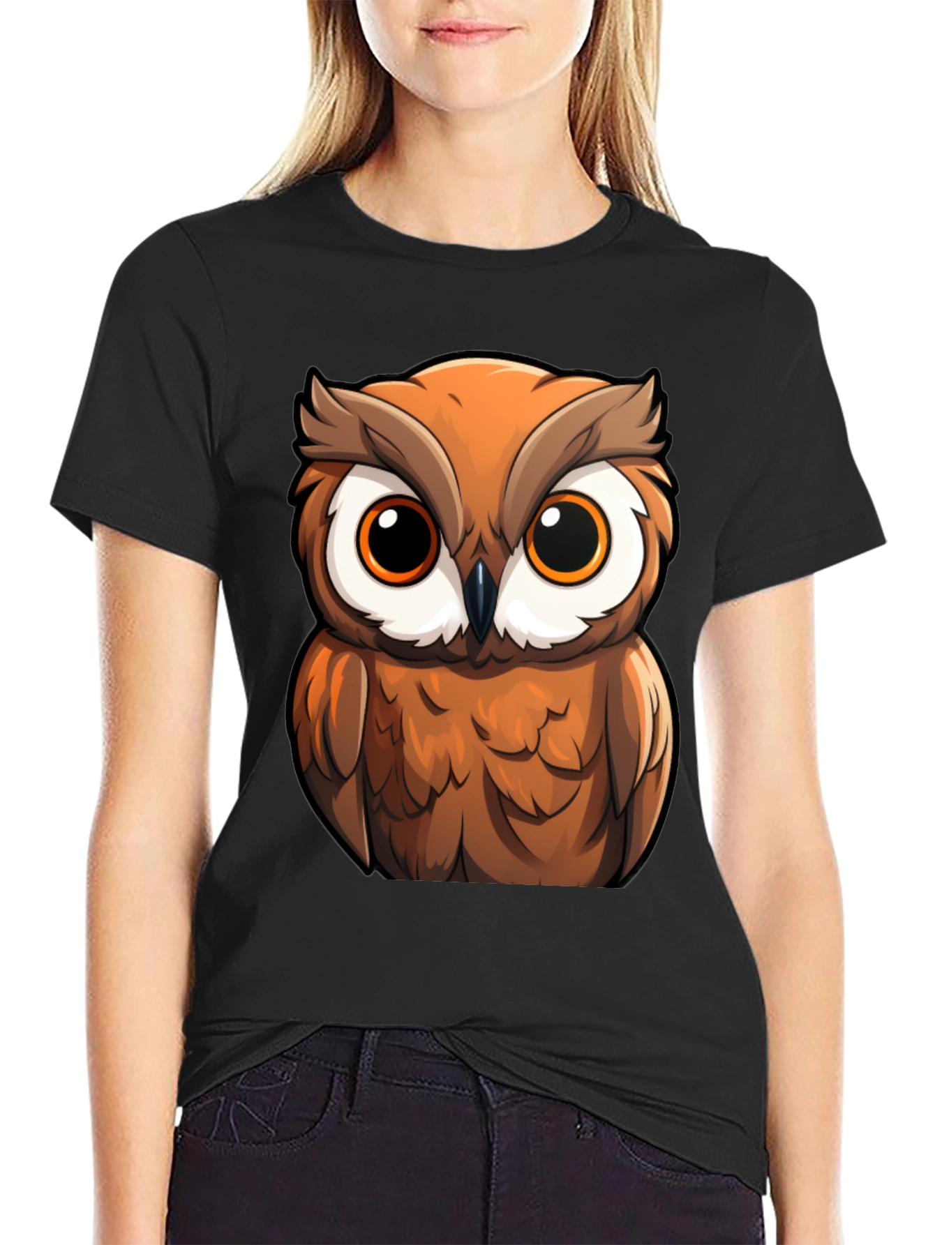 Owl Cartoon Graphic Black T-Shirt