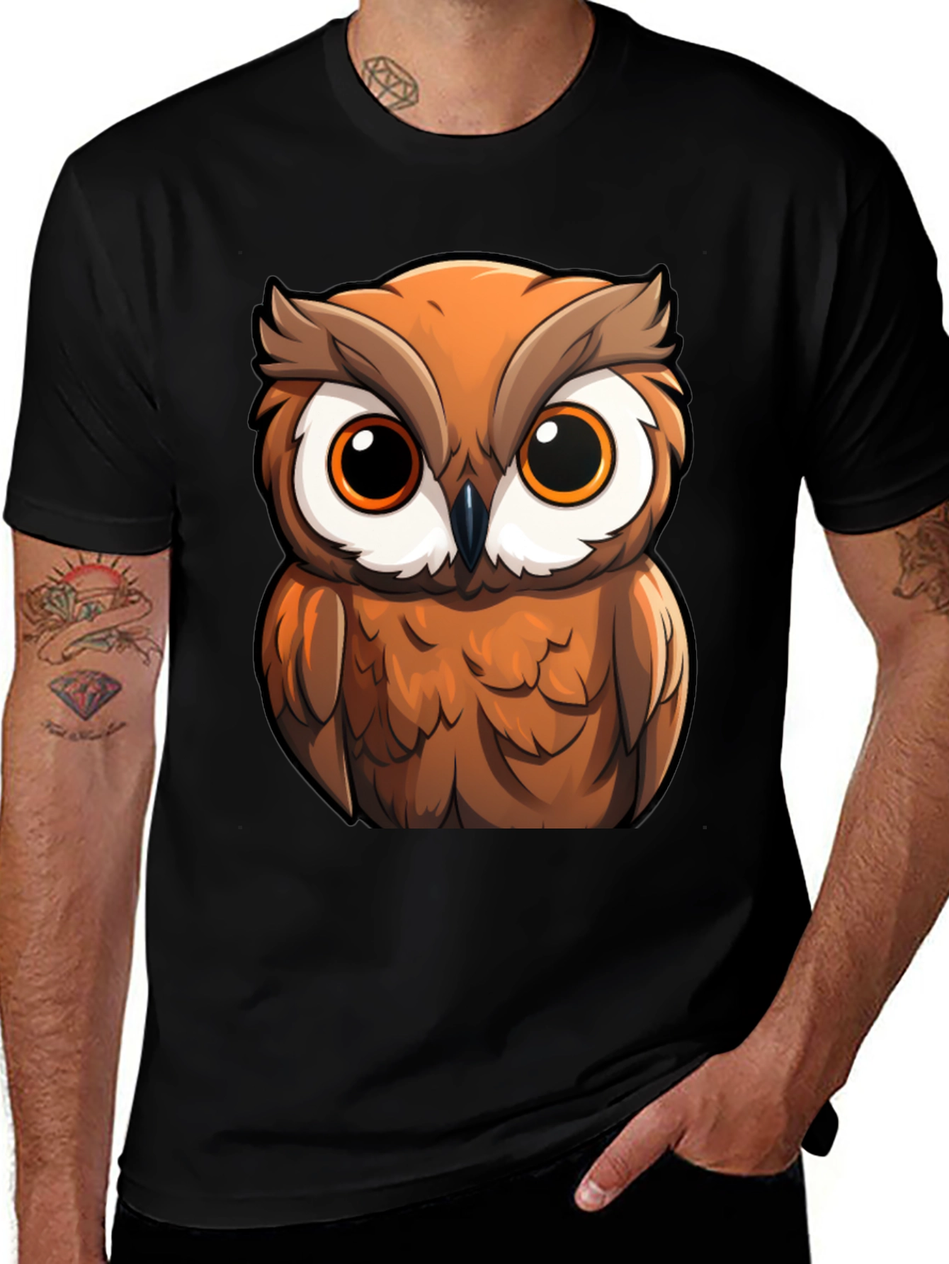 Owl Cartoon Graphic Black T-Shirt
