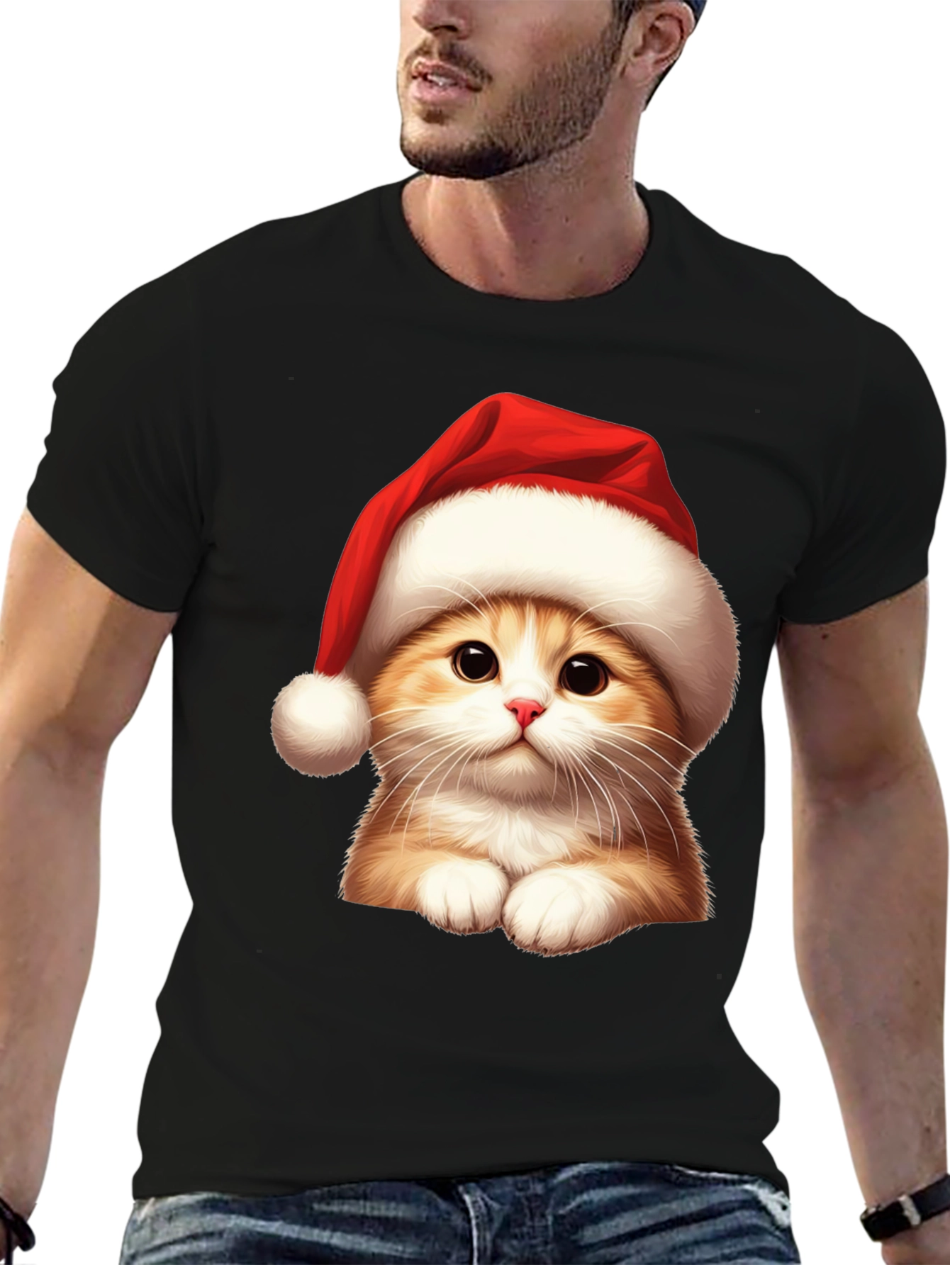 Festive Cat Tee - Santa Hat Holiday Shirt
