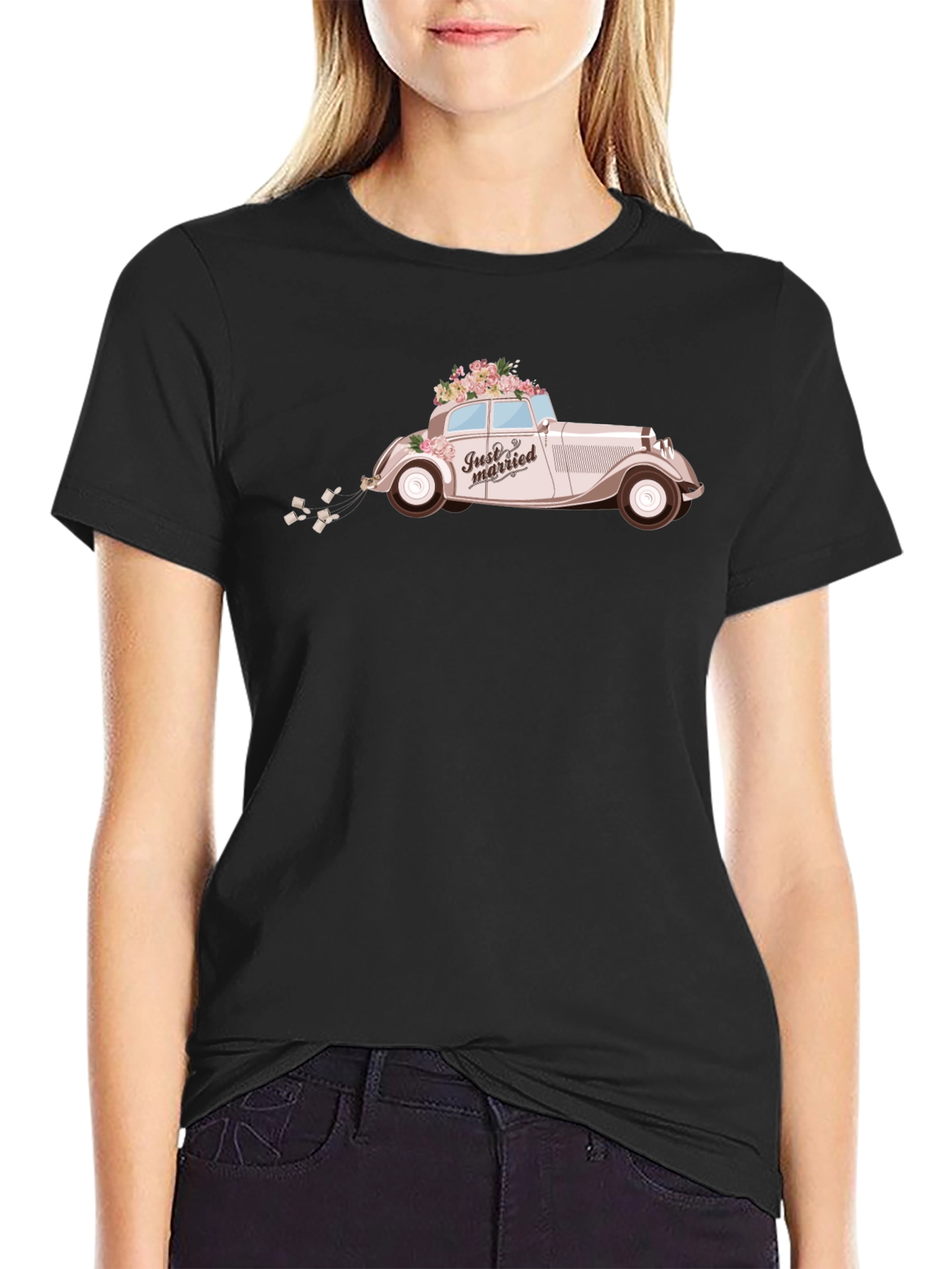 Just Married Car Graphic Tee - Classic Wedding Style