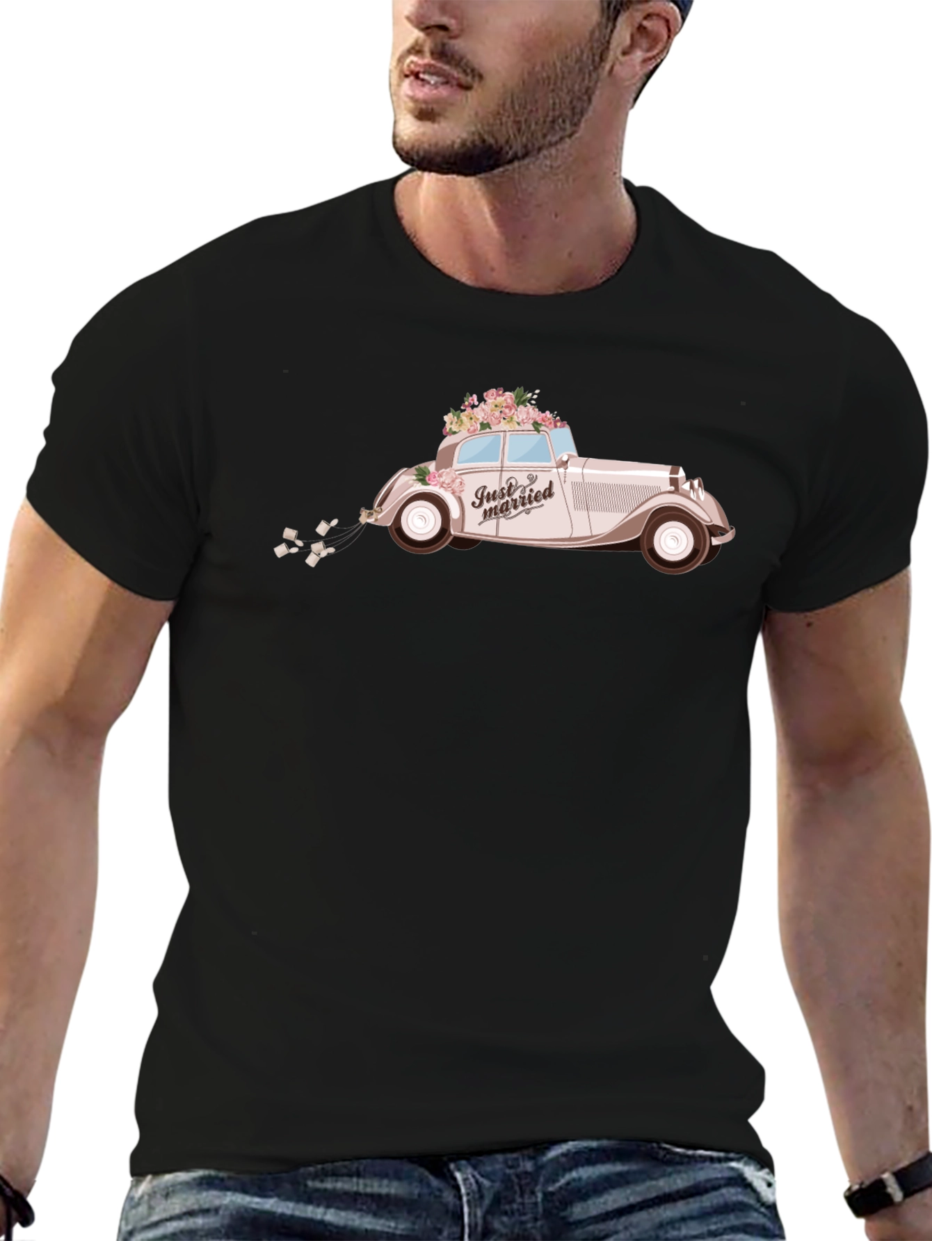 Just Married Car Graphic Tee - Classic Wedding Style
