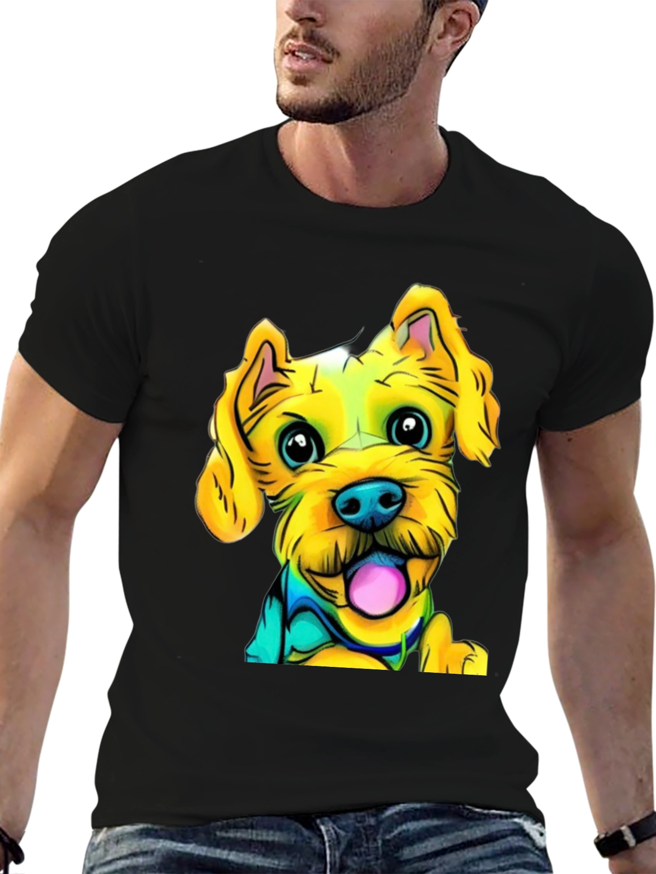 Dog Cartoon Print Black T-Shirt