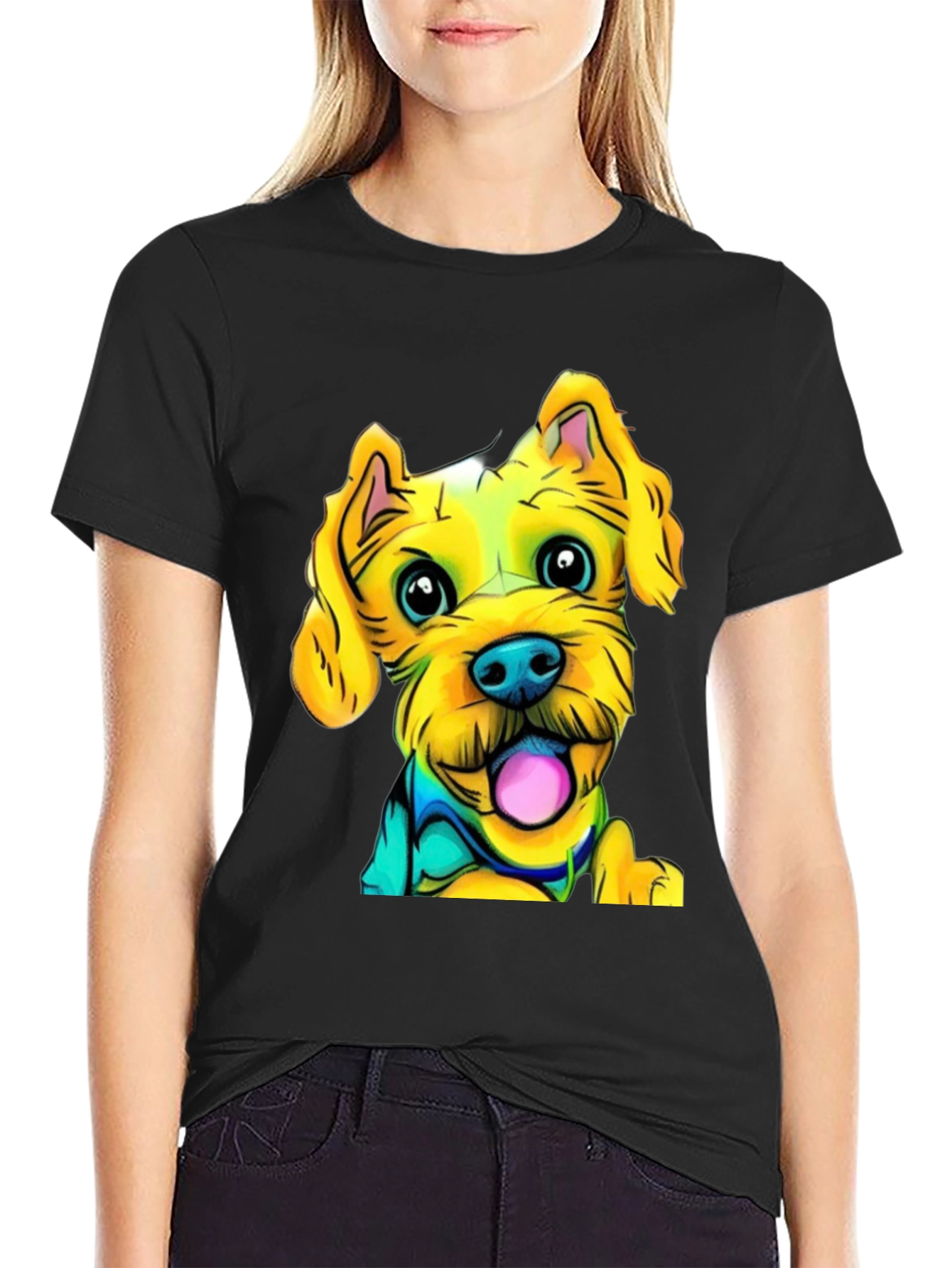 Dog Cartoon Print Black T-Shirt