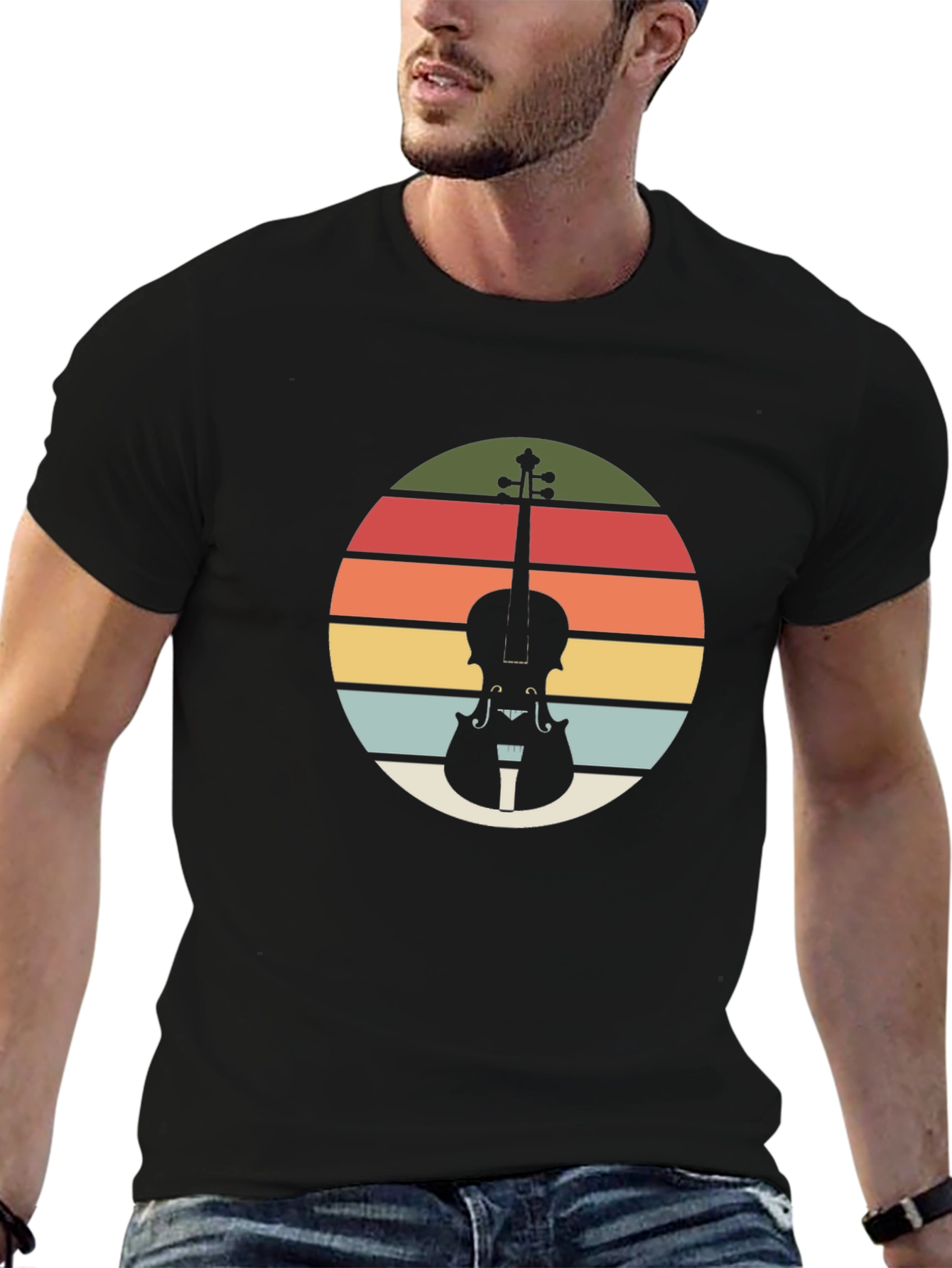 Retro Violin Sunset Black T-Shirt