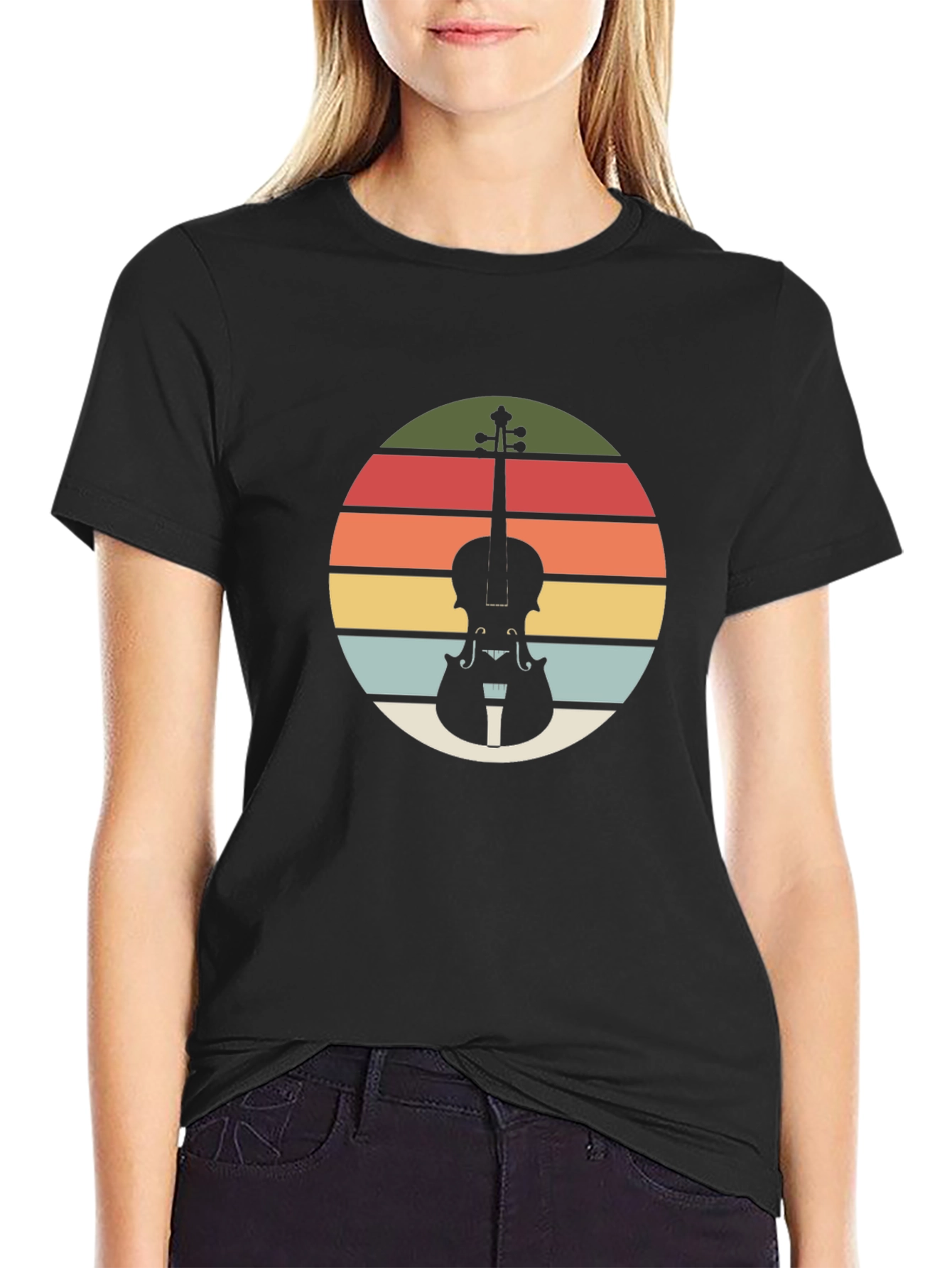Retro Violin Sunset Black T-Shirt