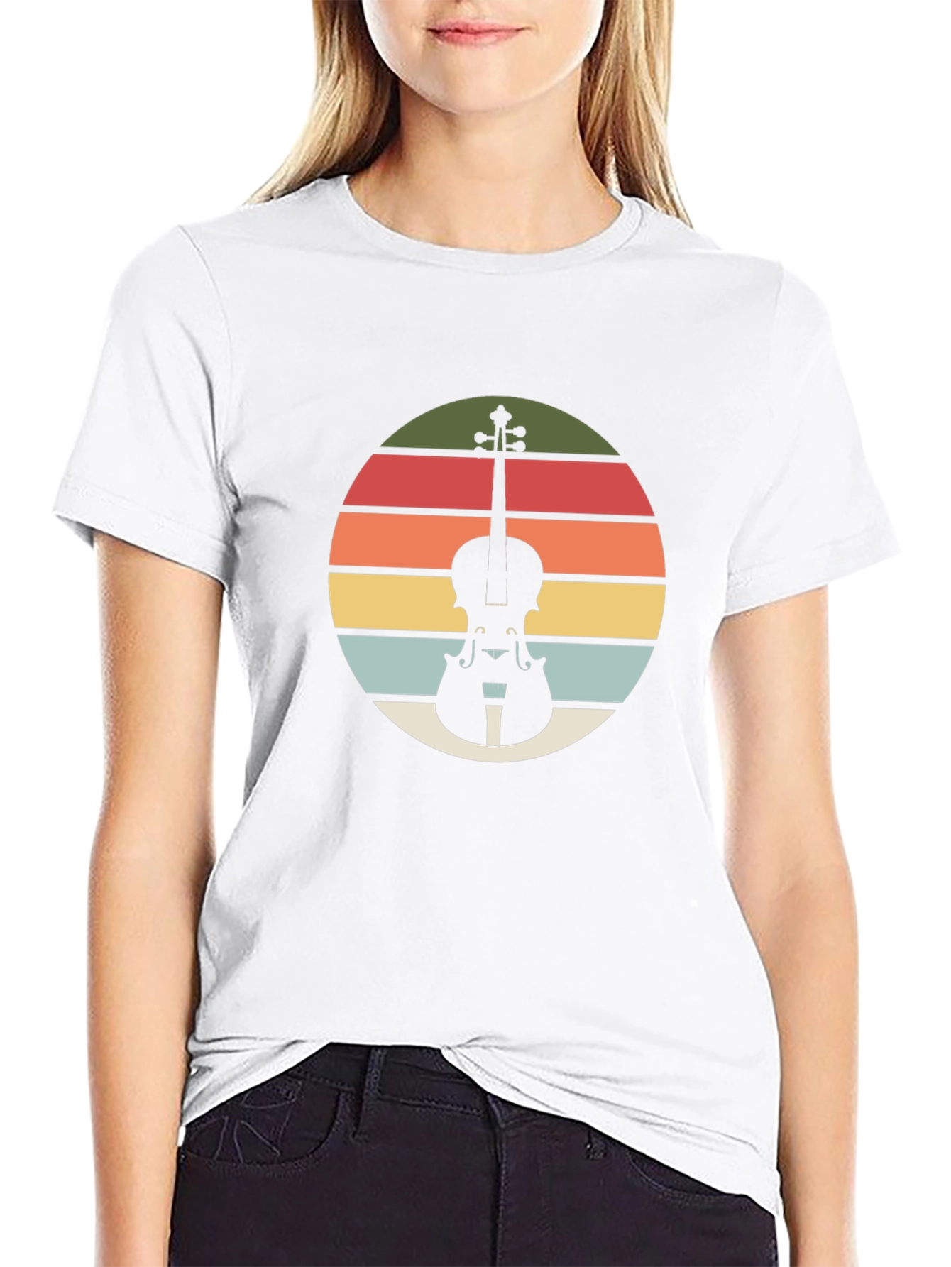 Retro Violin Sunset Black T-Shirt