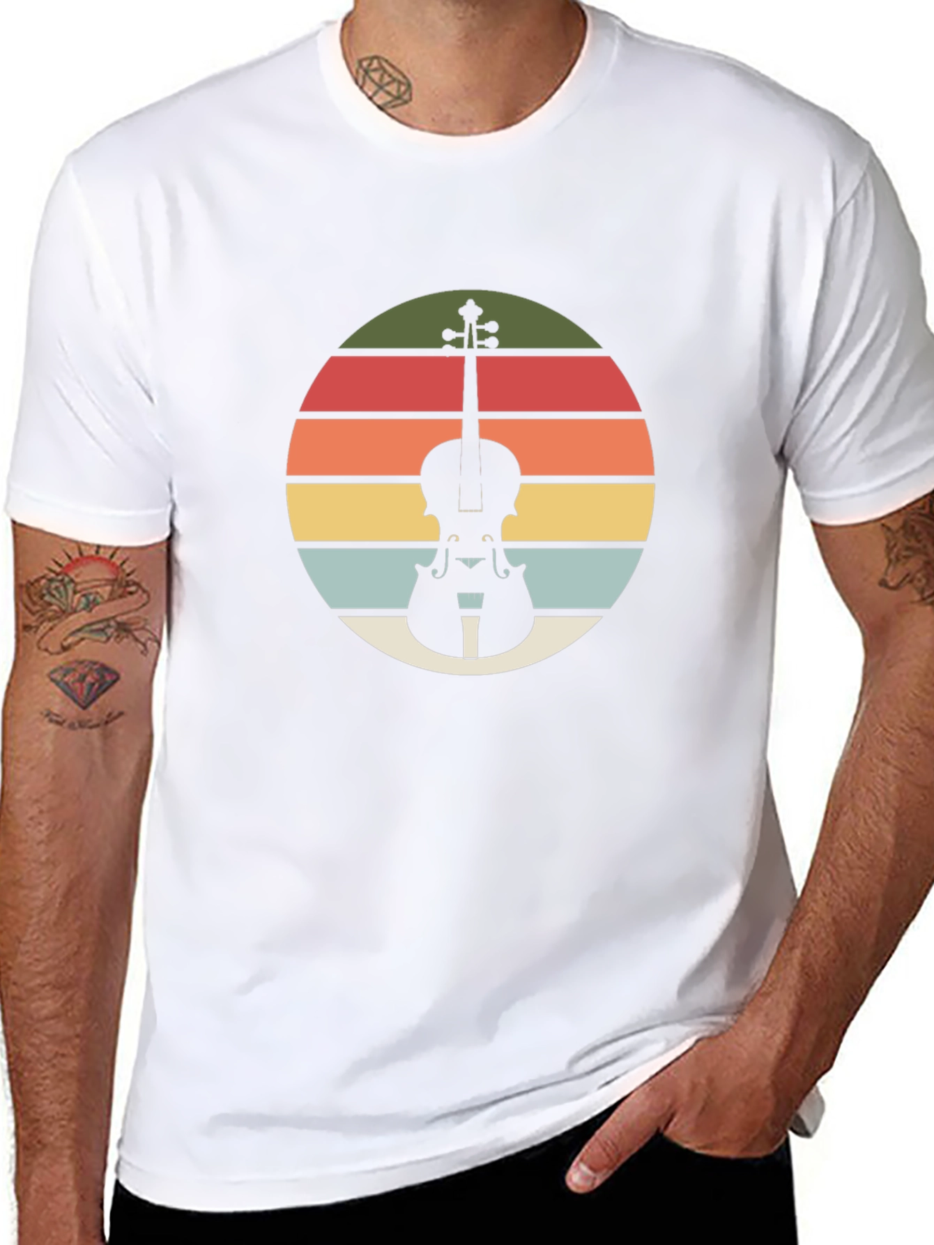 Retro Violin Sunset Black T-Shirt