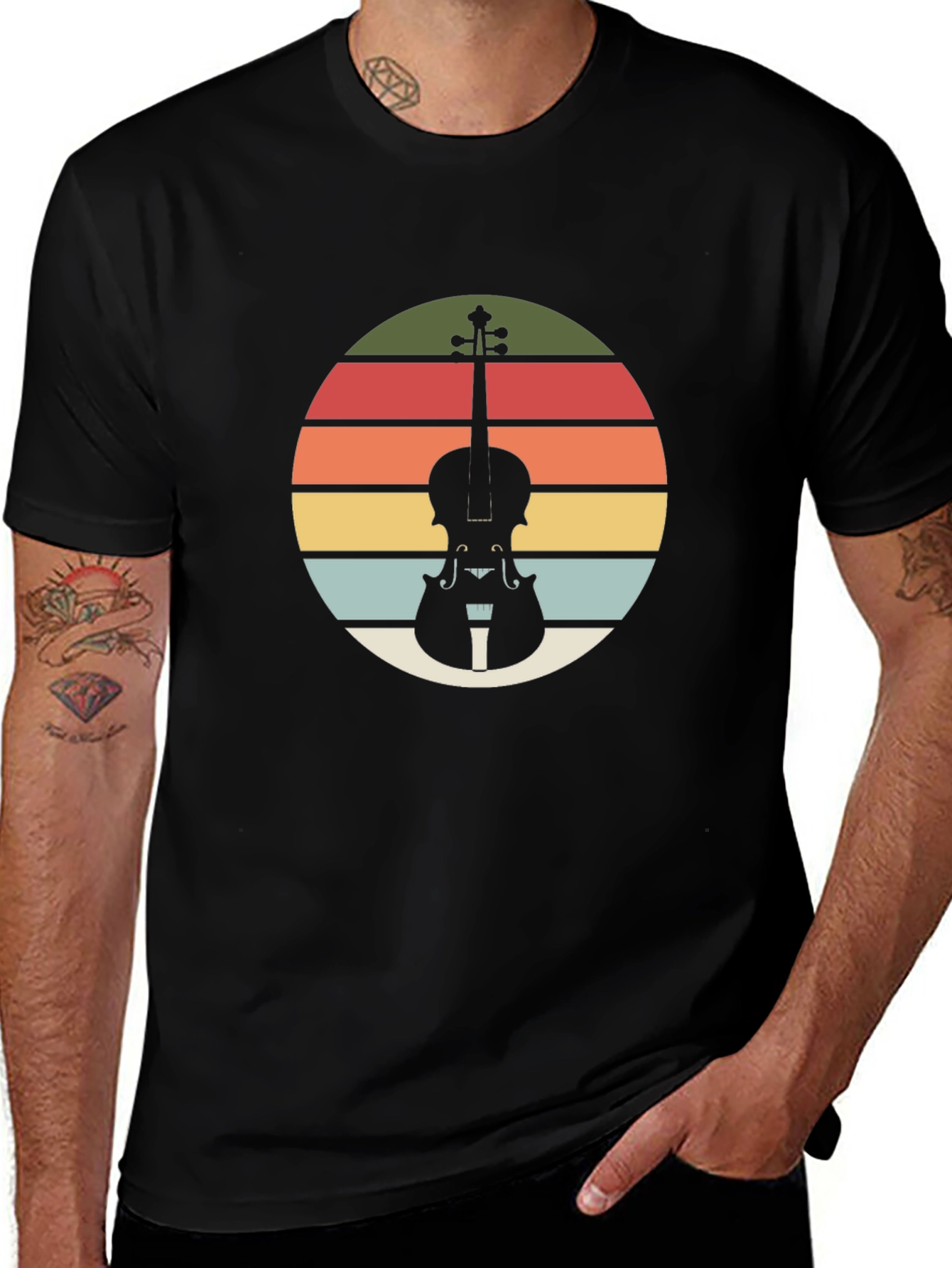 Retro Violin Sunset Black T-Shirt
