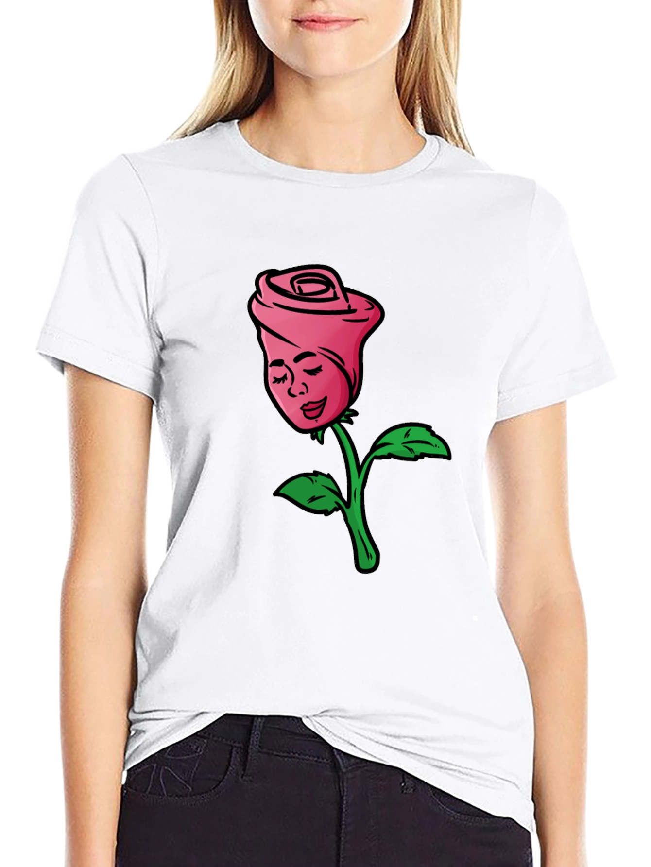 Rose Lady Graphic Tee - Black Cotton Casual Shirt
