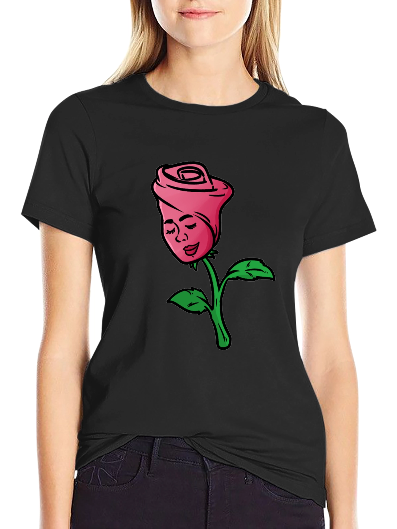 Rose Lady Graphic Tee - Black Cotton Casual Shirt