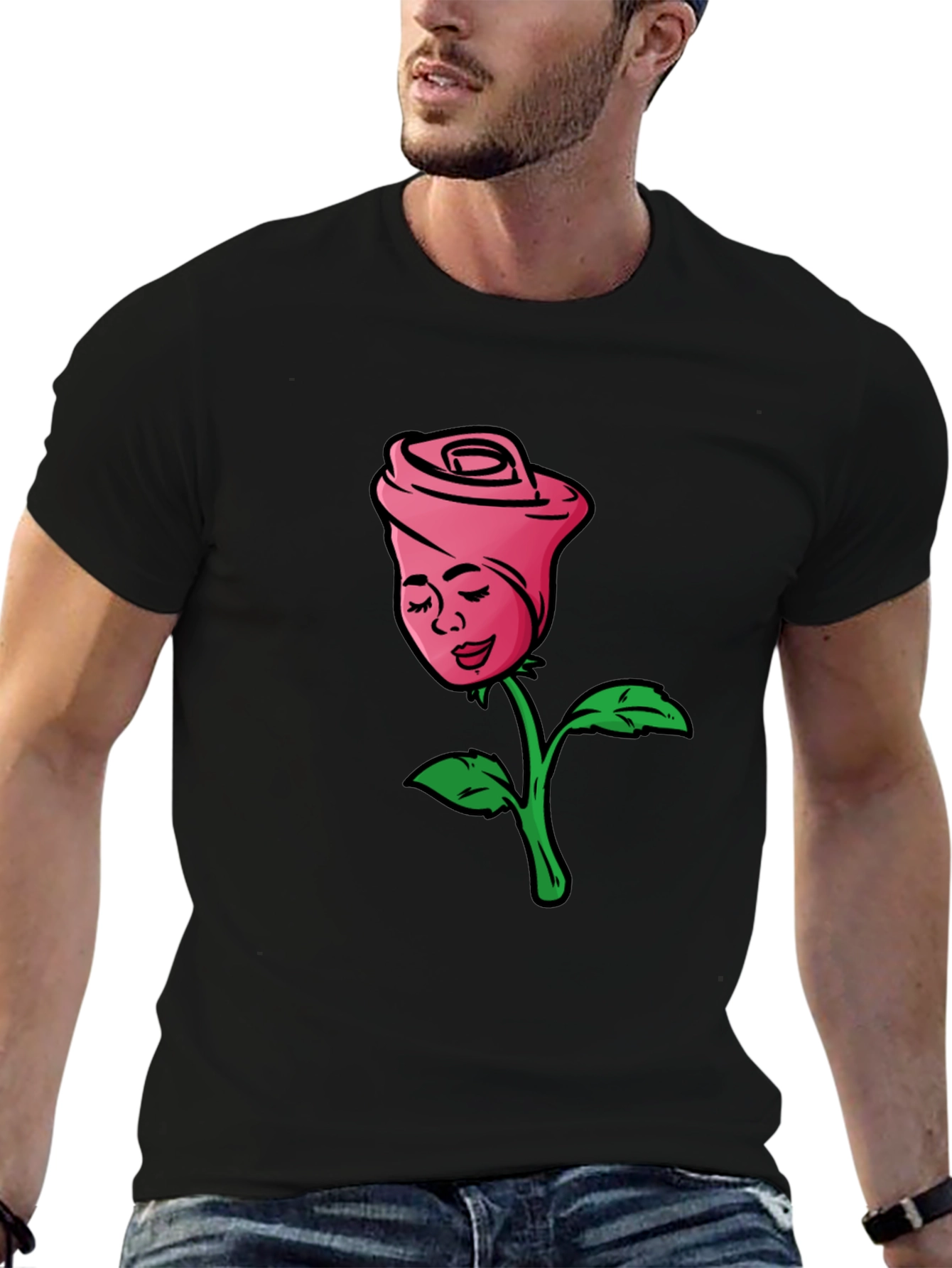 Rose Lady Graphic Tee - Black Cotton Casual Shirt