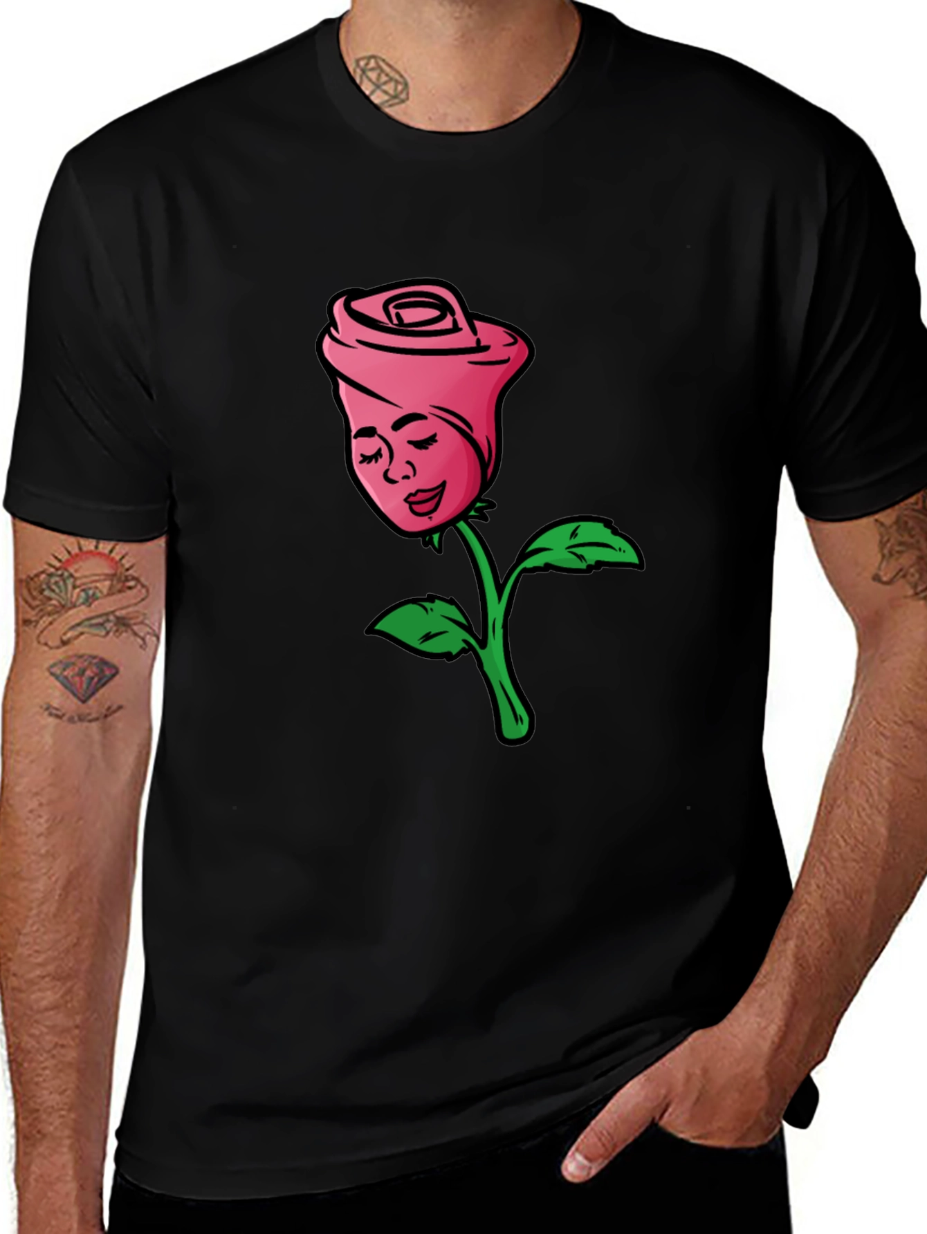 Rose Lady Graphic Tee - Black Cotton Casual Shirt