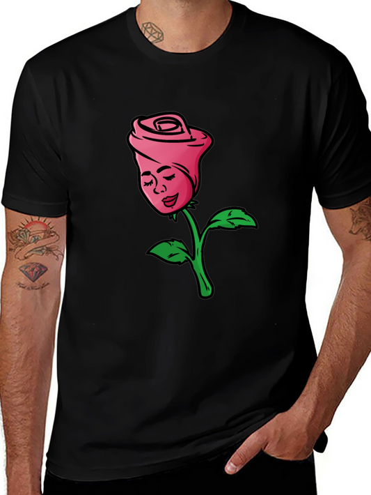 Rose Lady Graphic Tee - Black Cotton Casual Shirt