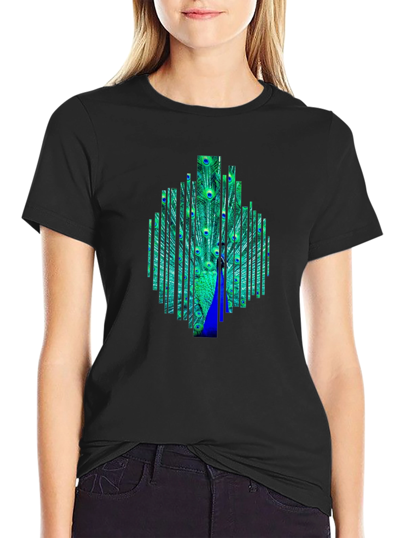 Peacock Feather Graphic Black T-Shirt