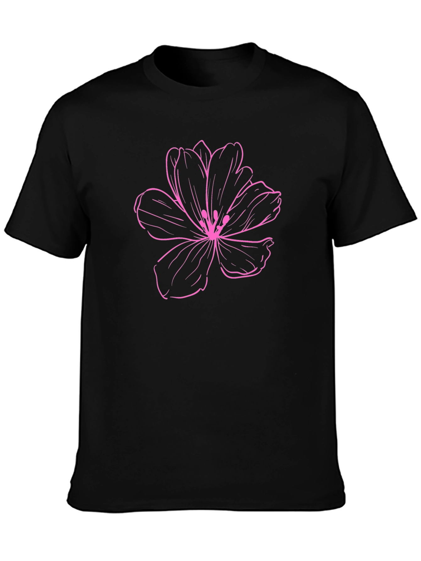 Floral Pink Outline on Black T-Shirt
