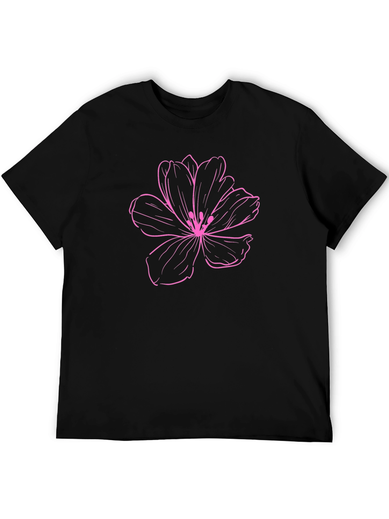 Floral Pink Outline on Black T-Shirt