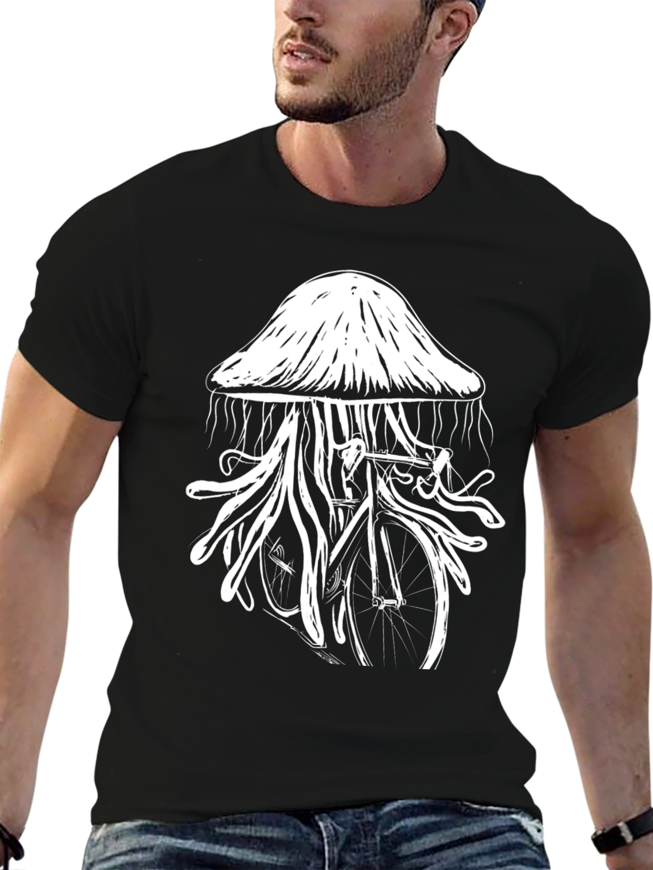 Jellyfish Bicycle Graphic T-Shirt - Unique Black Tee
