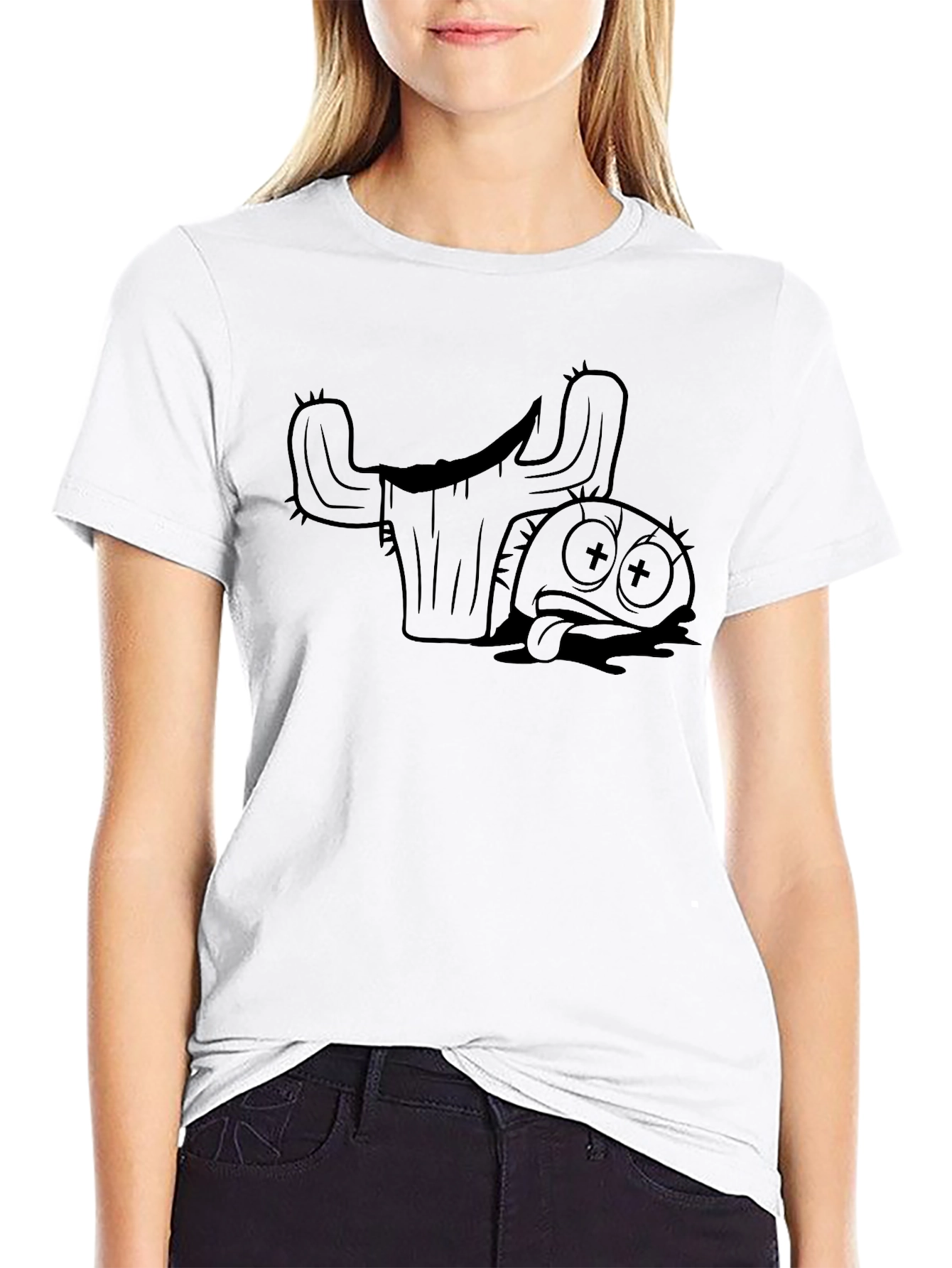 Funny Dead Taco and Cactus Graphic T-Shirt - Black