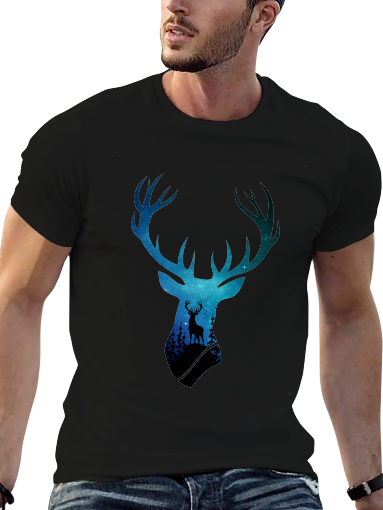 Deer Silhouette Graphic Tee - Galaxy Antlers Black T-Shirt