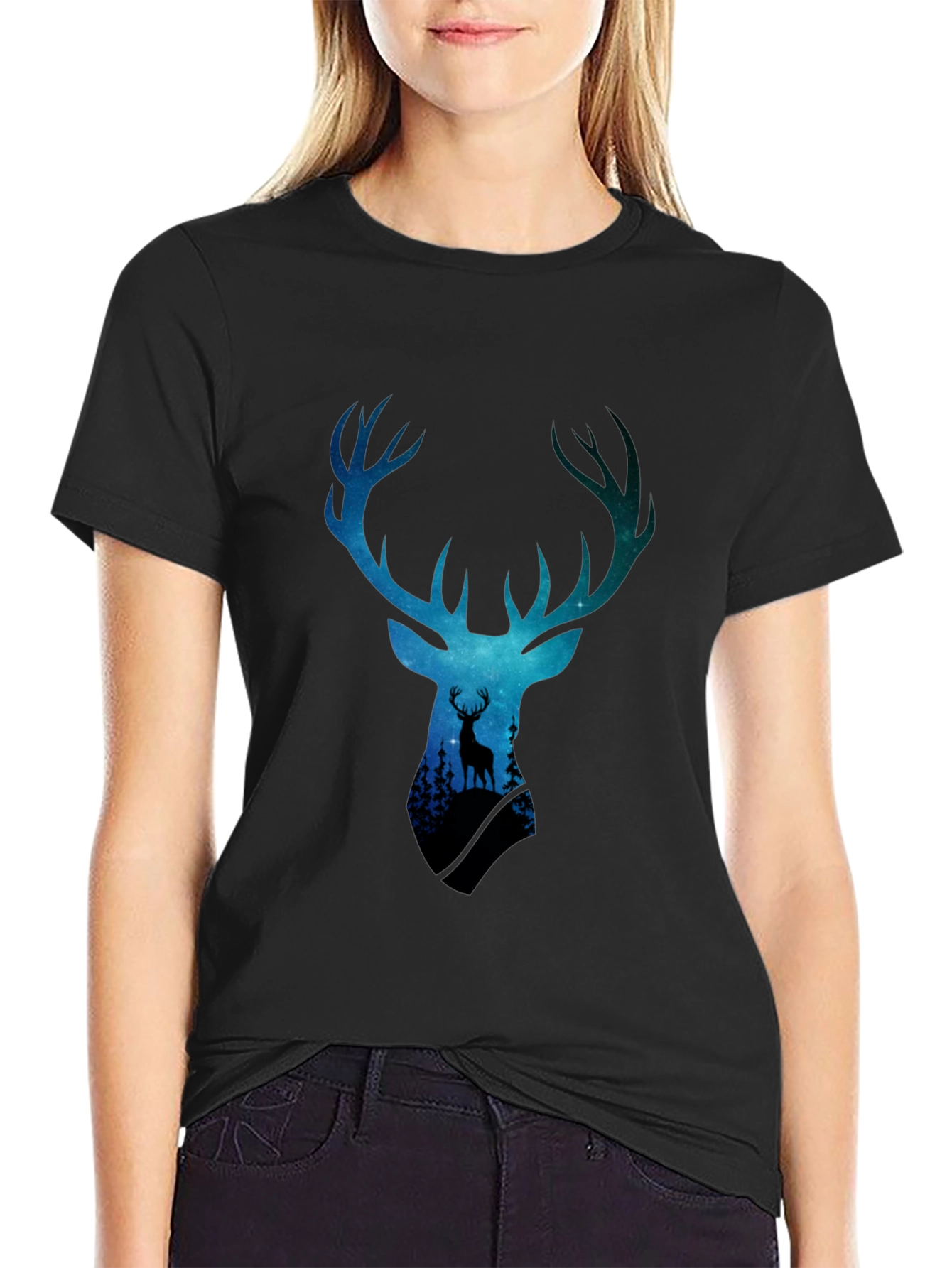 Deer Silhouette Graphic Tee - Galaxy Antlers Black T-Shirt