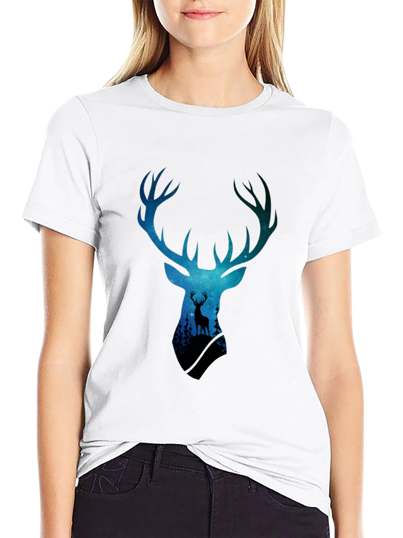 Deer Silhouette Graphic Tee - Galaxy Antlers Black T-Shirt
