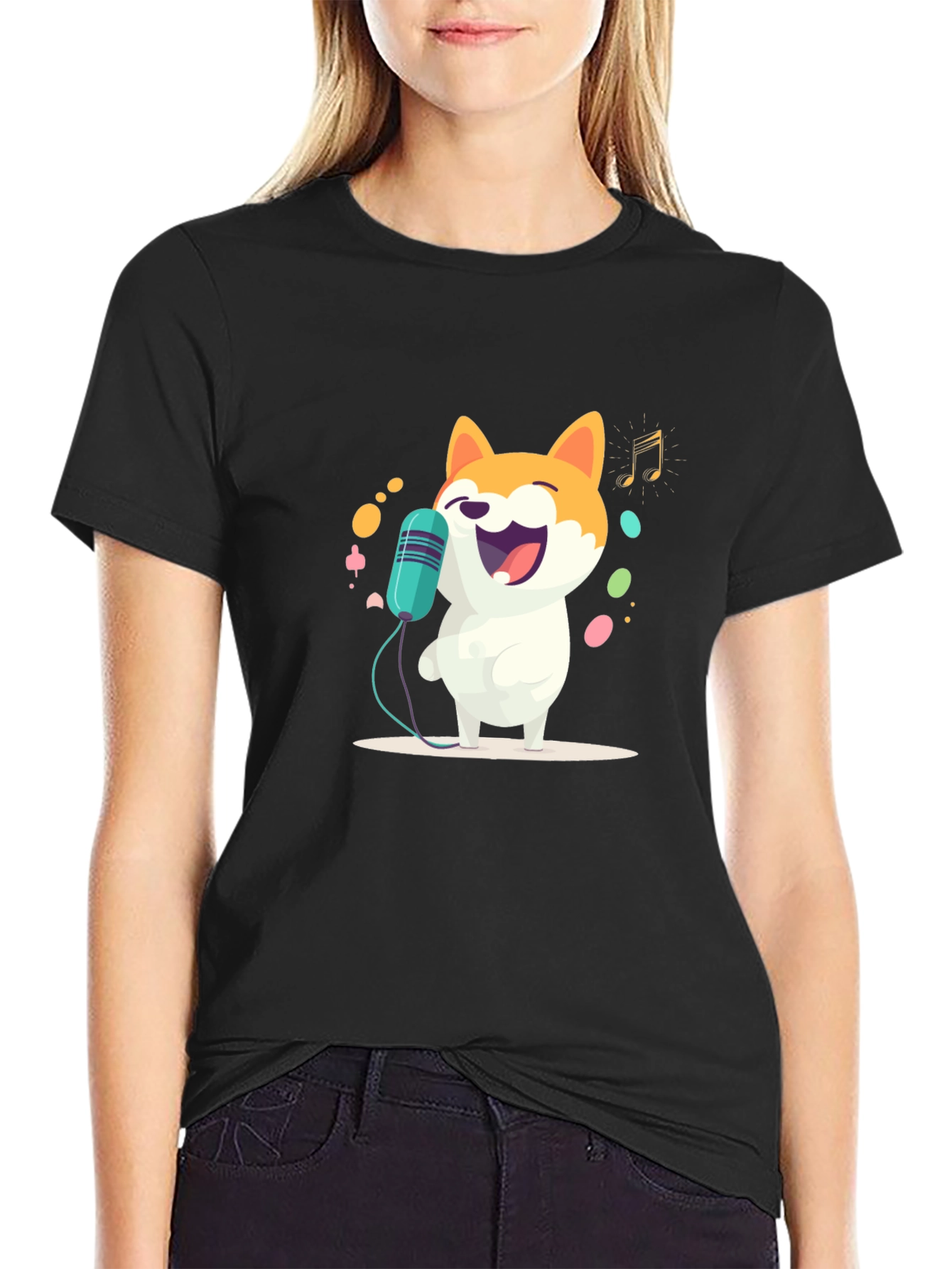 Singing Doge T-Shirt - Black Cartoon Shiba Inu