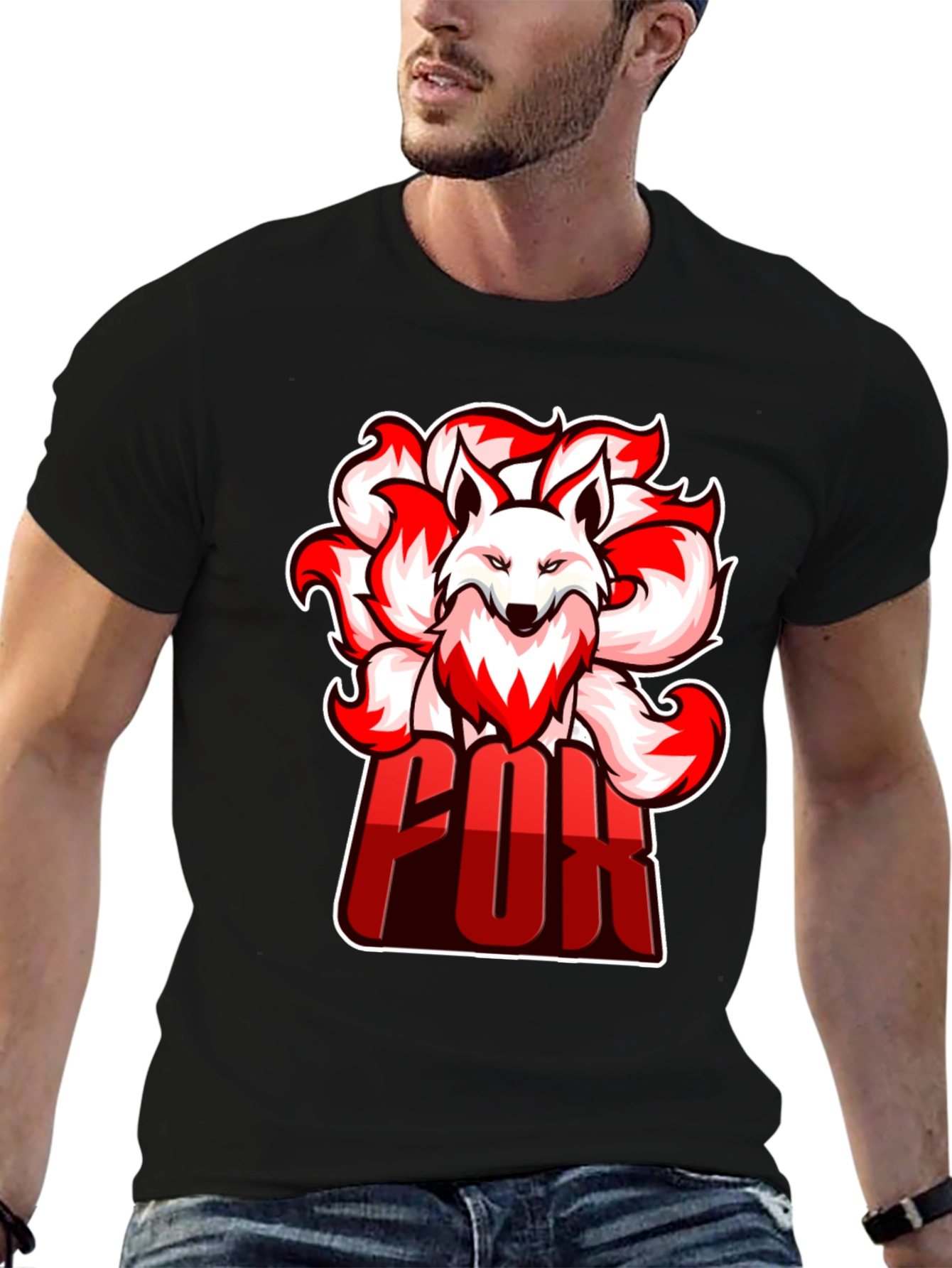 Cool Nine-Tailed Fox Graphic Tee - Black