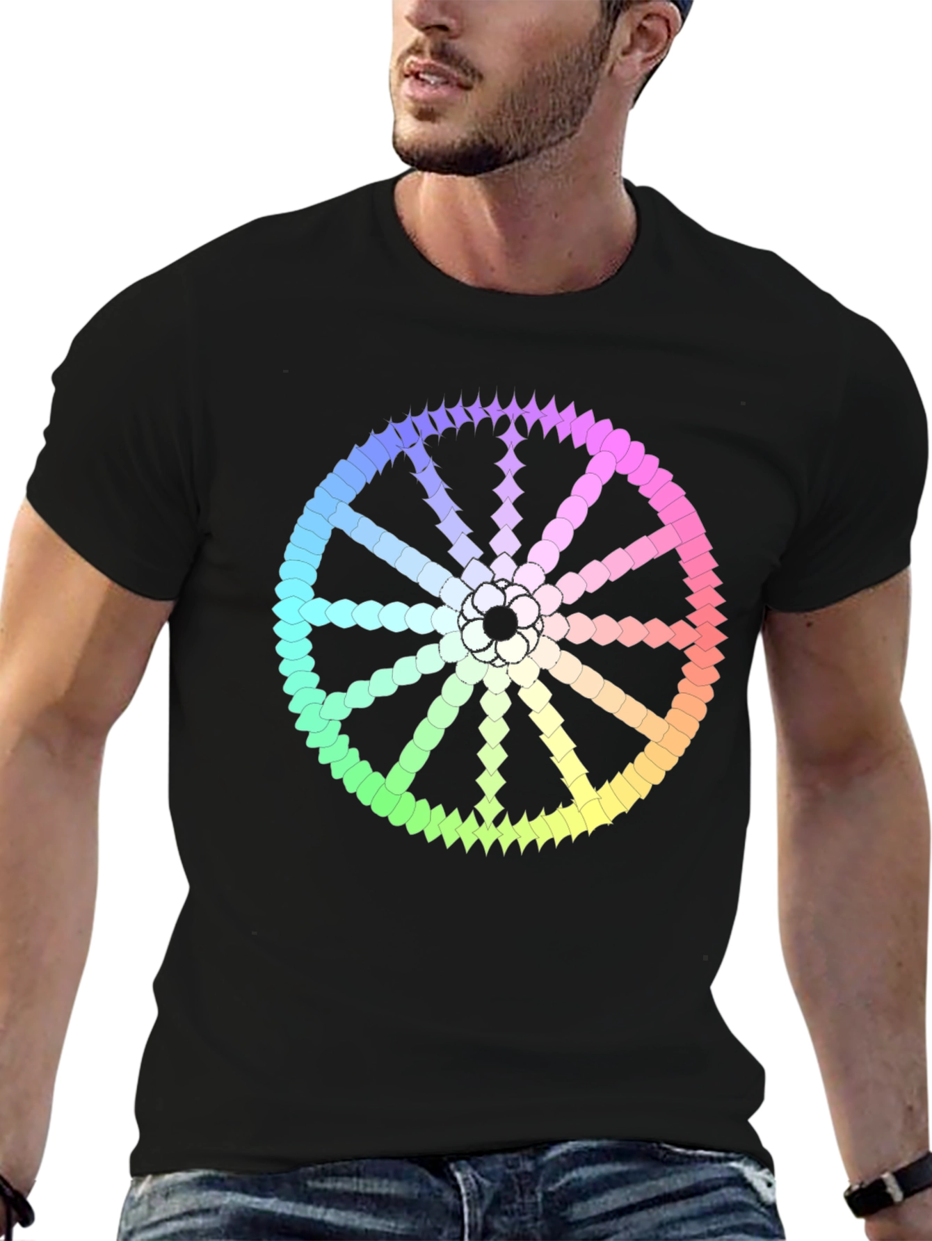 Rainbow Wheel Graphic Black Tee Shirt