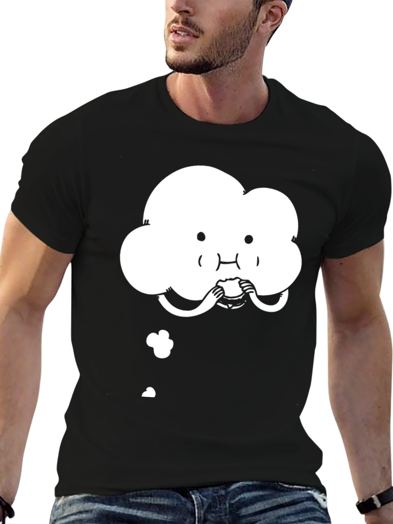 Cute Cloud Eating Burger Graphic Black T-Shirt