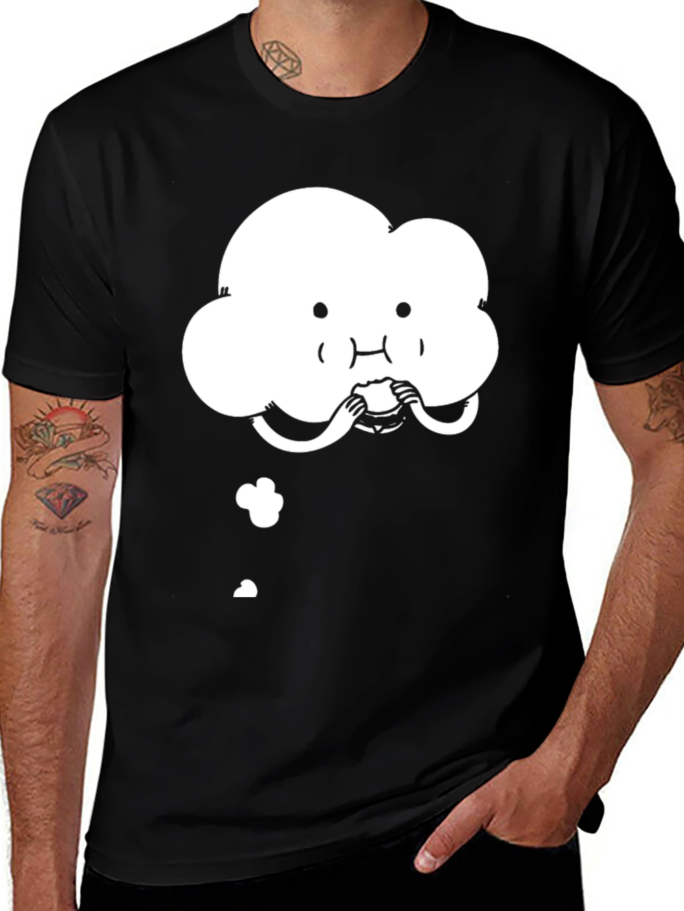 Cute Cloud Eating Burger Graphic Black T-Shirt