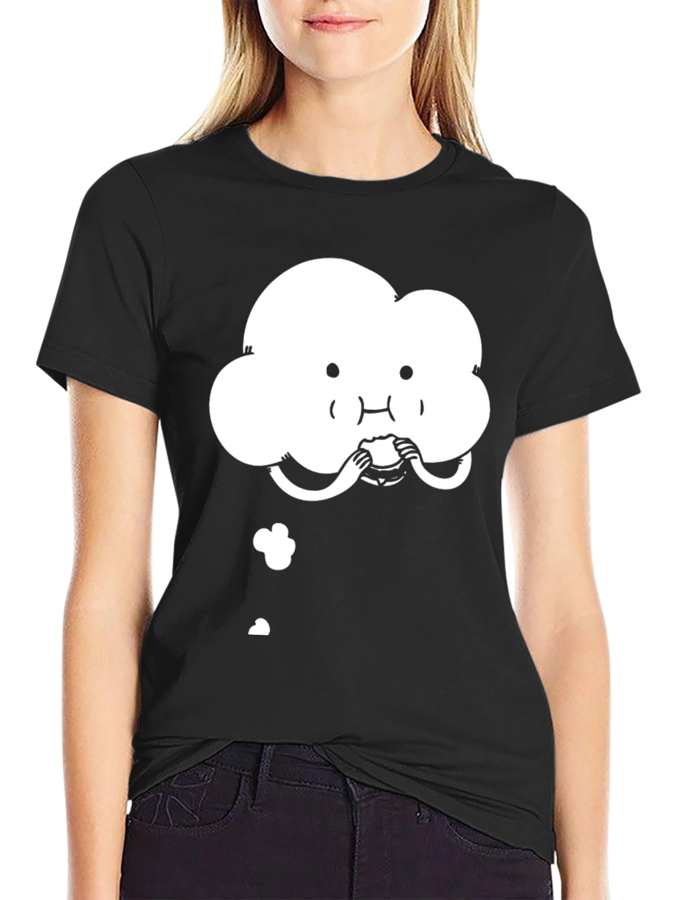 Cute Cloud Eating Burger Graphic Black T-Shirt