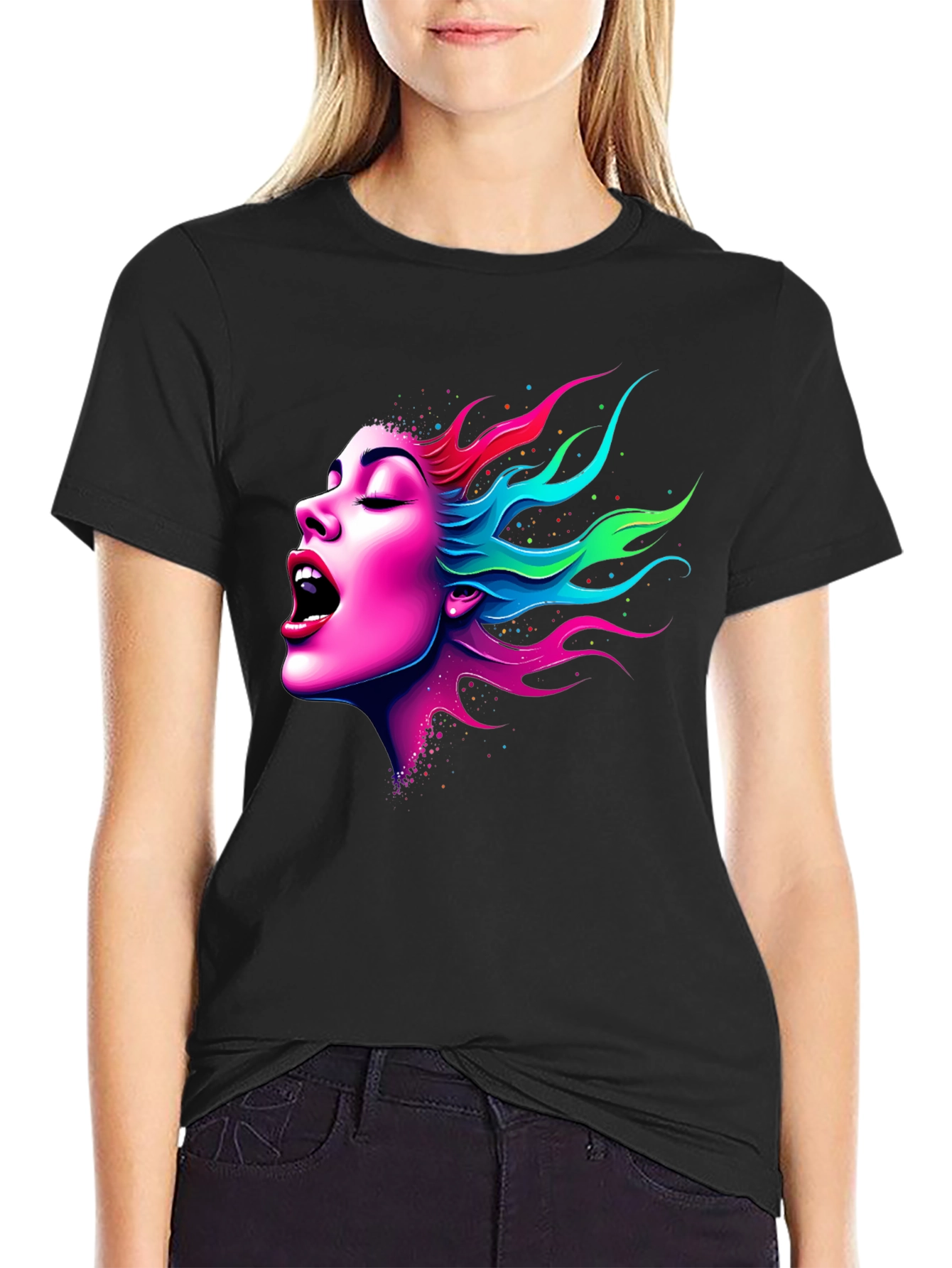 Vibrant Woman Graphic Tee - Soft Black Cotton