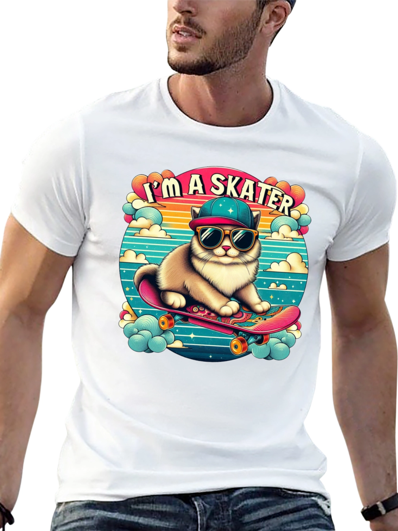 Skater Cat Graphic Tee - Cool Kitten on Skateboard!