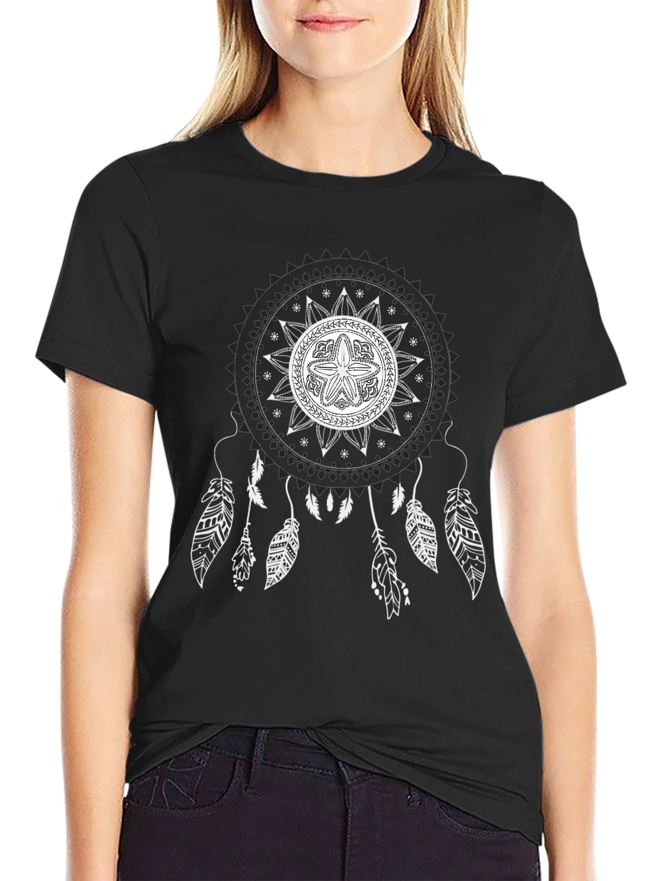 Black T-Shirt with Mandala Dreamcatcher Design
