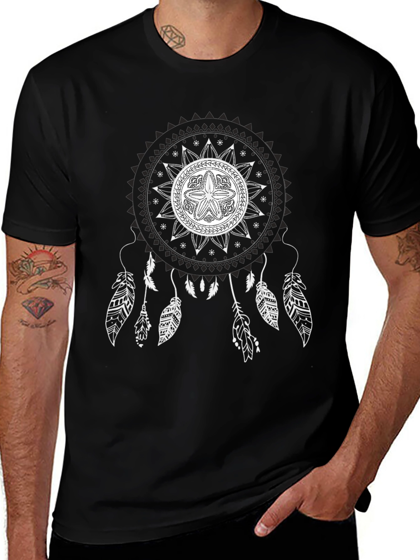 Black T-Shirt with Mandala Dreamcatcher Design