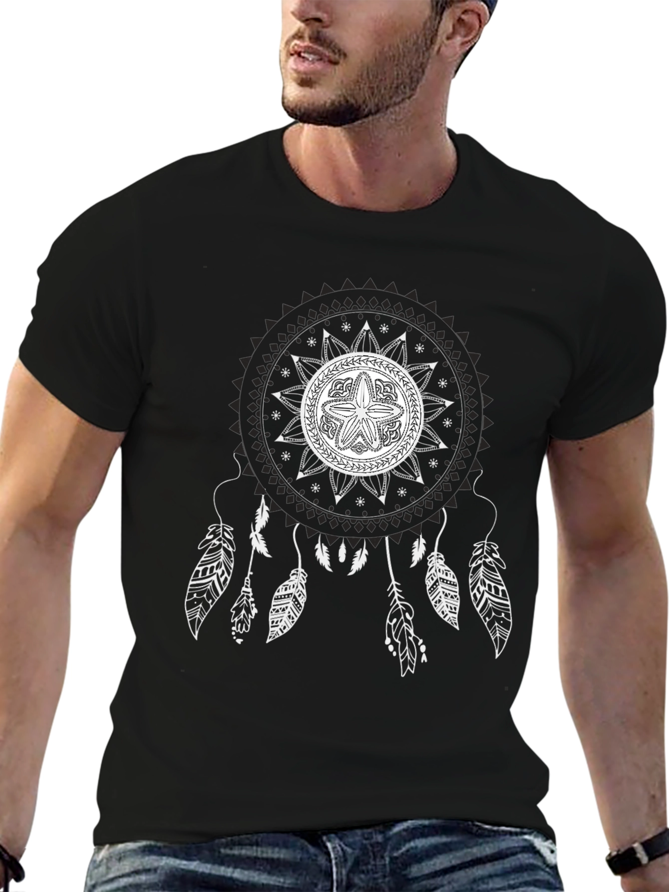 Black T-Shirt with Mandala Dreamcatcher Design