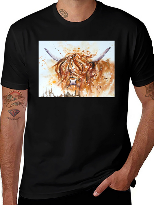 Highland Cow Watercolor Print Black T-Shirt