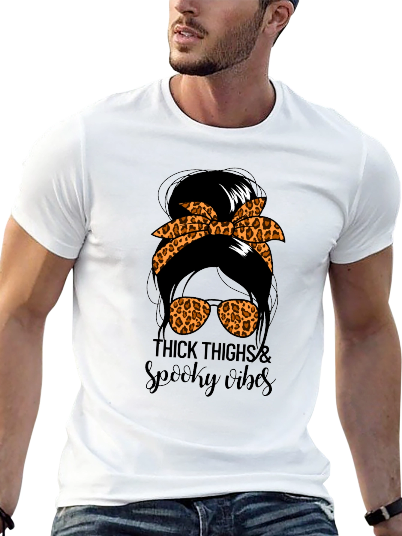 Thick Thighs & Spooky Vibes Messy Bun T-Shirt