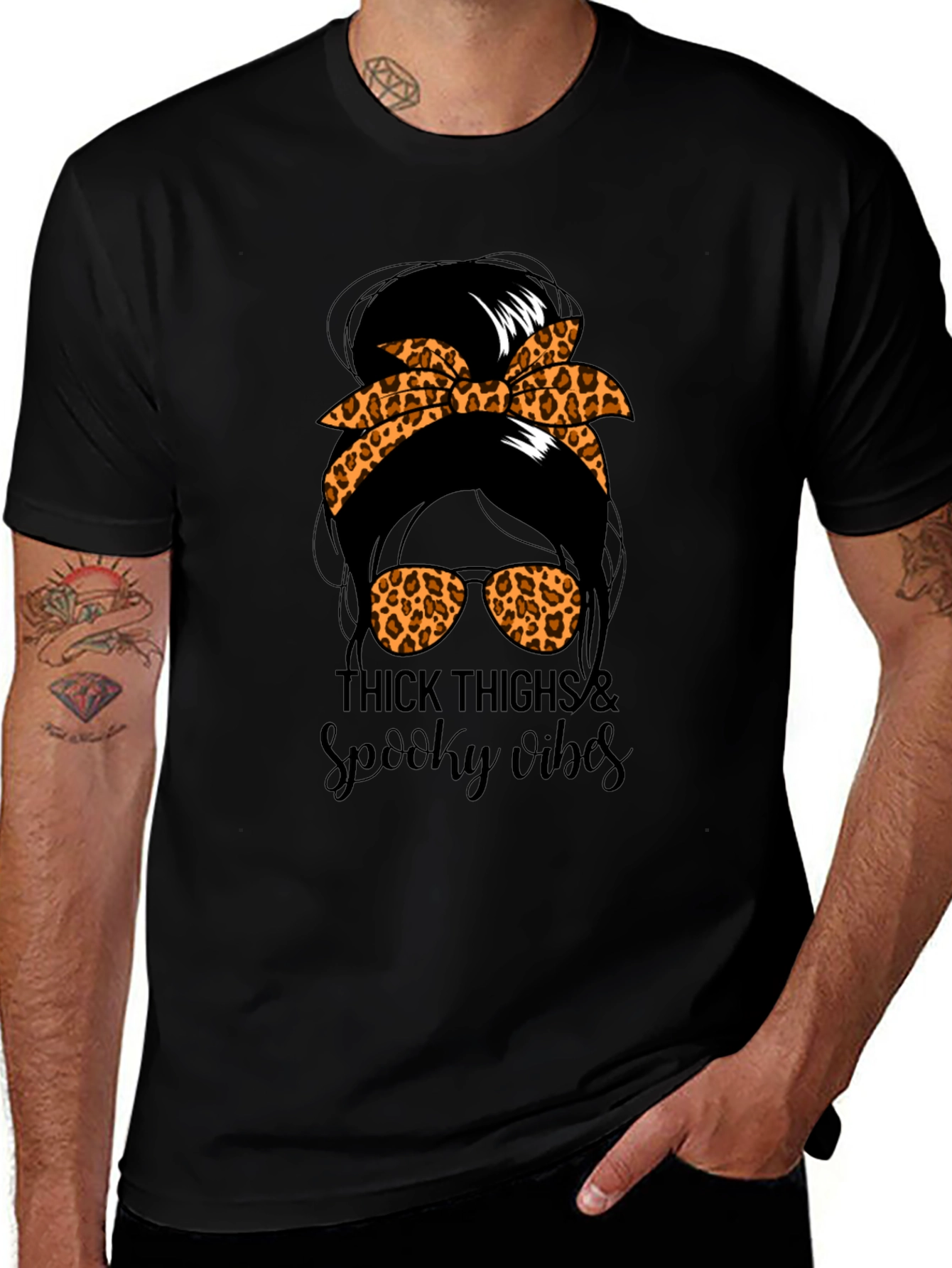 Thick Thighs & Spooky Vibes Messy Bun T-Shirt