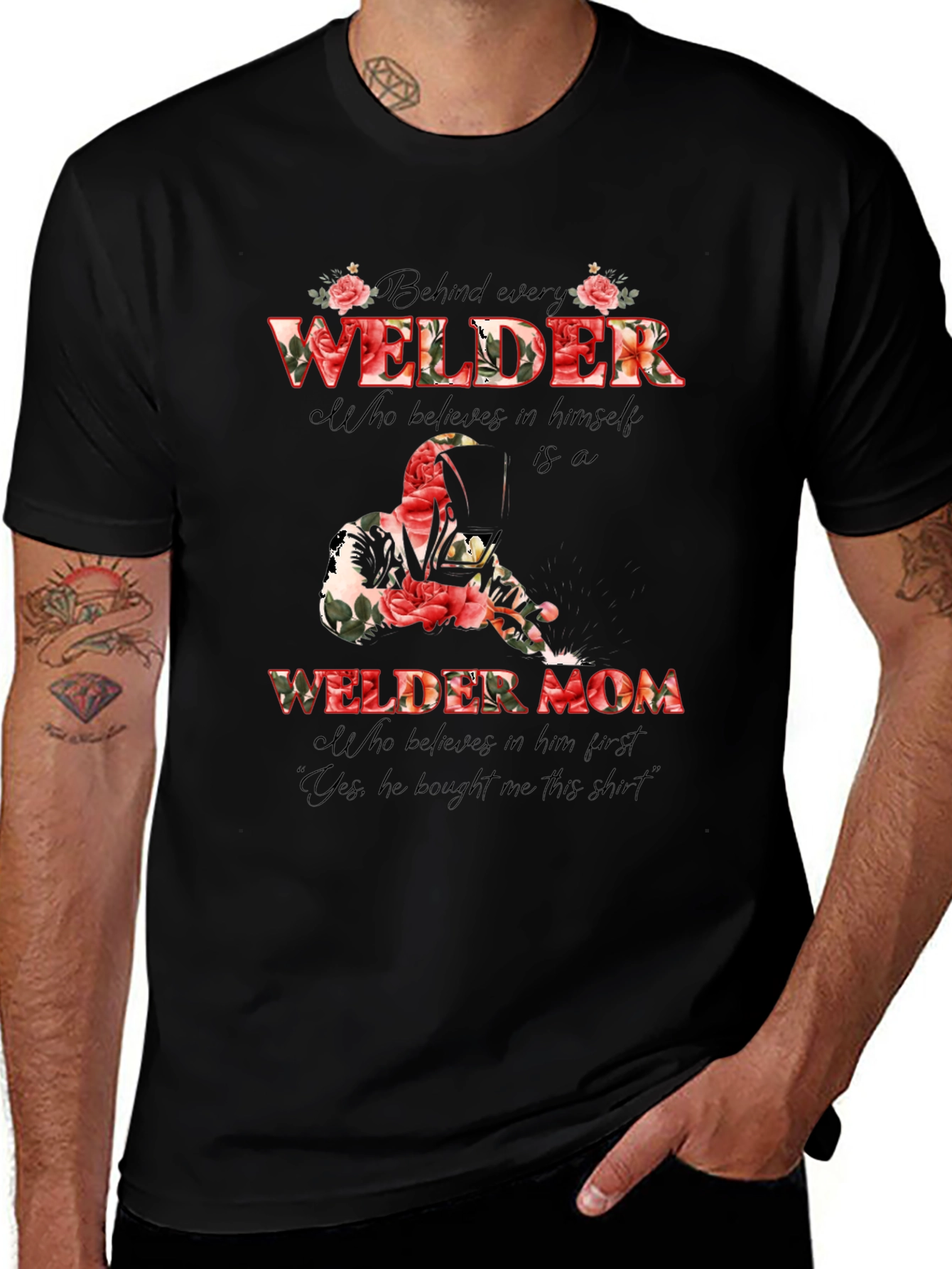 Welder Mom Floral Graphic T-Shirt - Black