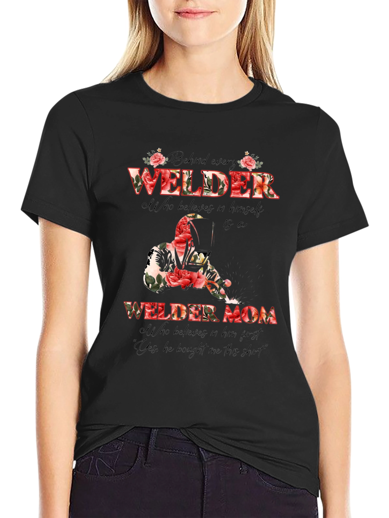 Welder Mom Floral Graphic T-Shirt - Black