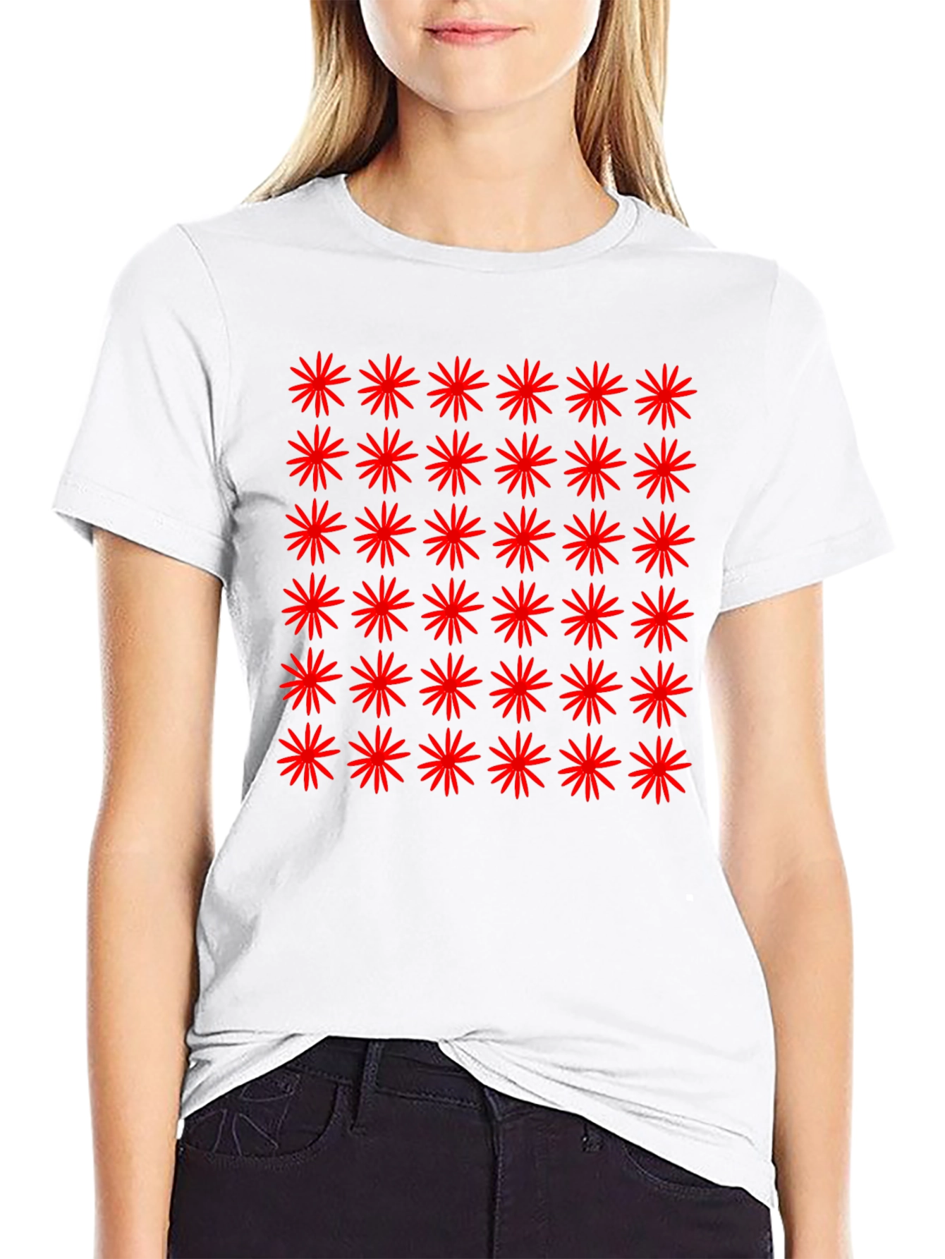 Red Starburst Pattern Black T-Shirt