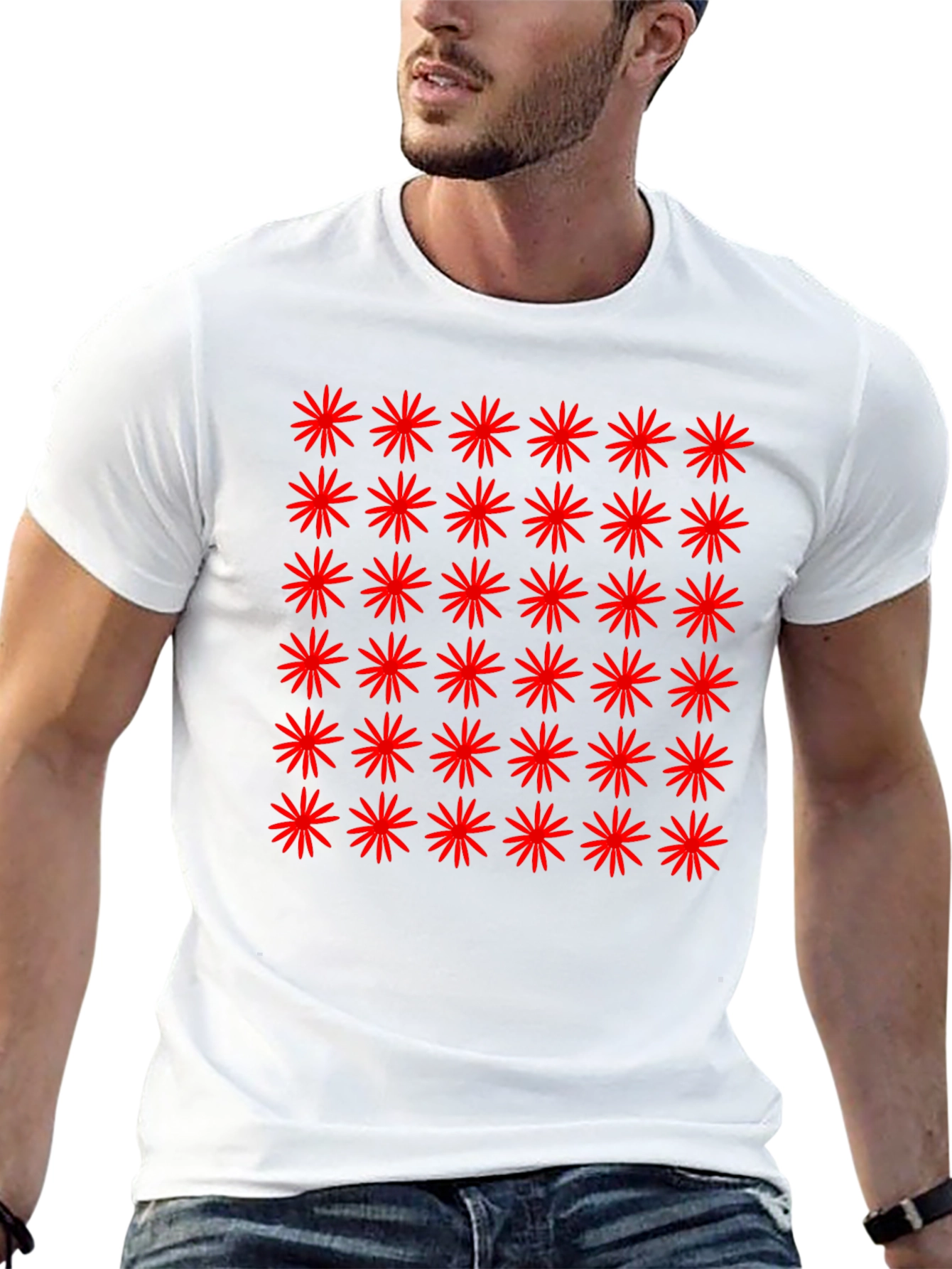 Red Starburst Pattern Black T-Shirt