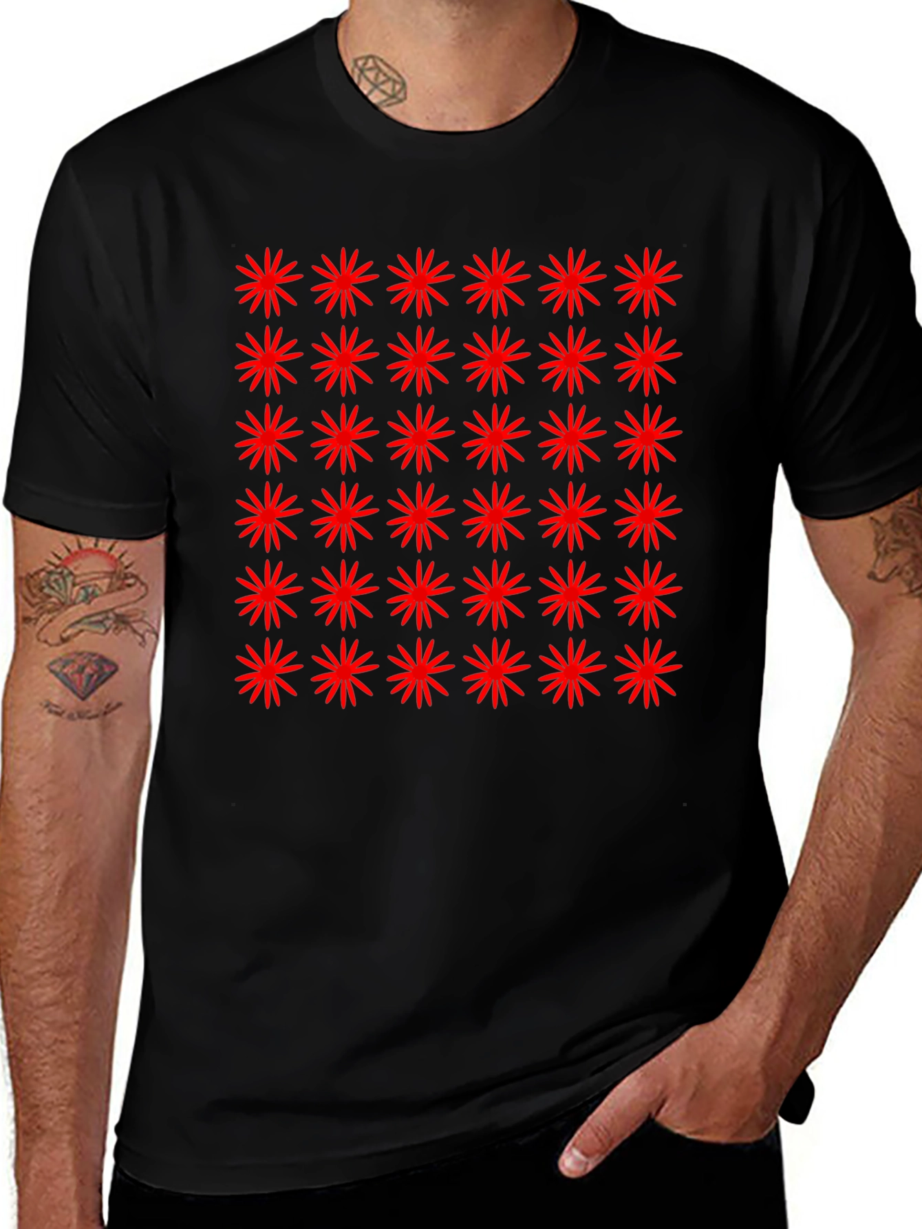 Red Starburst Pattern Black T-Shirt