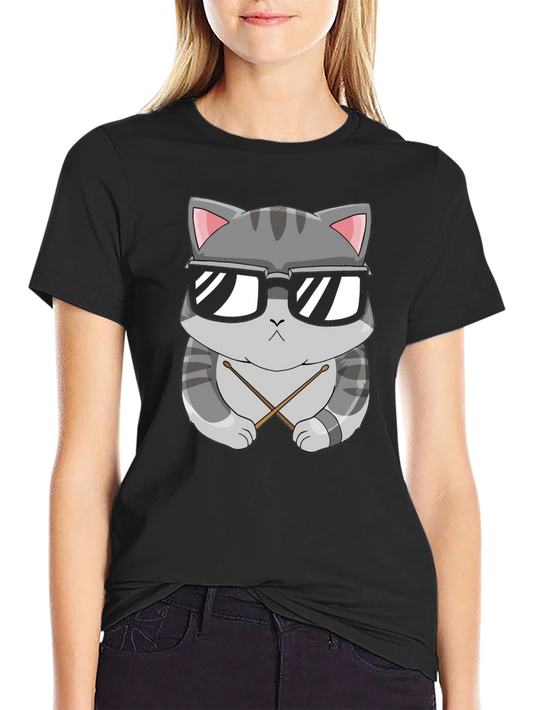 Cool Cat Drummer T-Shirt - Black Cotton Tee