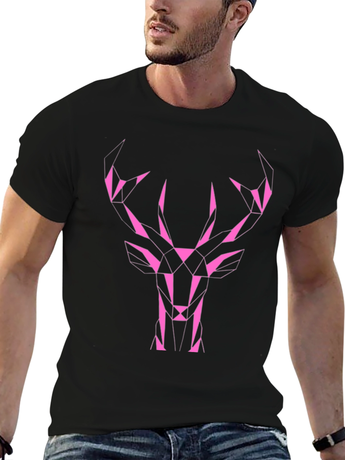 Geometric Deer Graphic Tee - Black Cotton