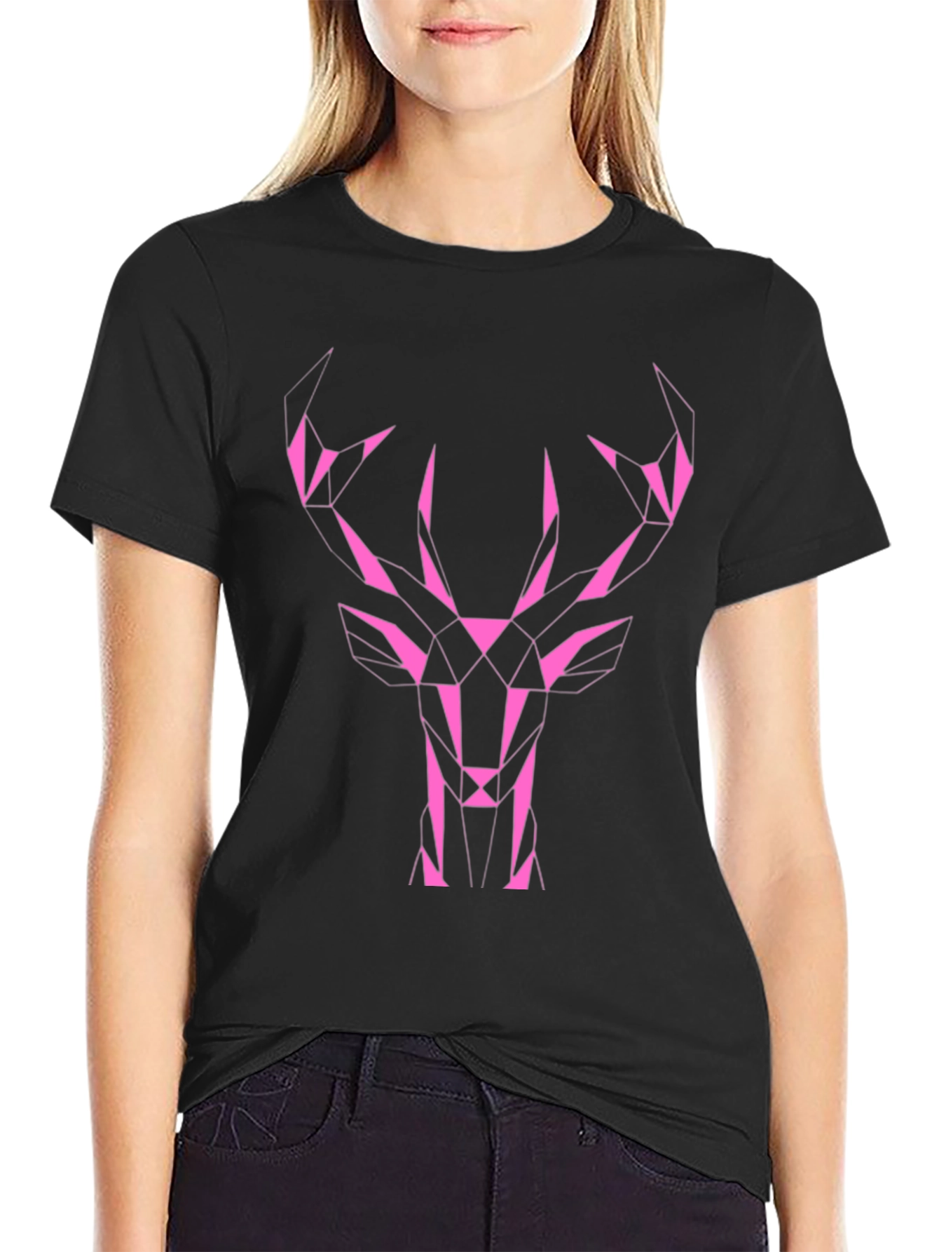 Geometric Deer Graphic Tee - Black Cotton